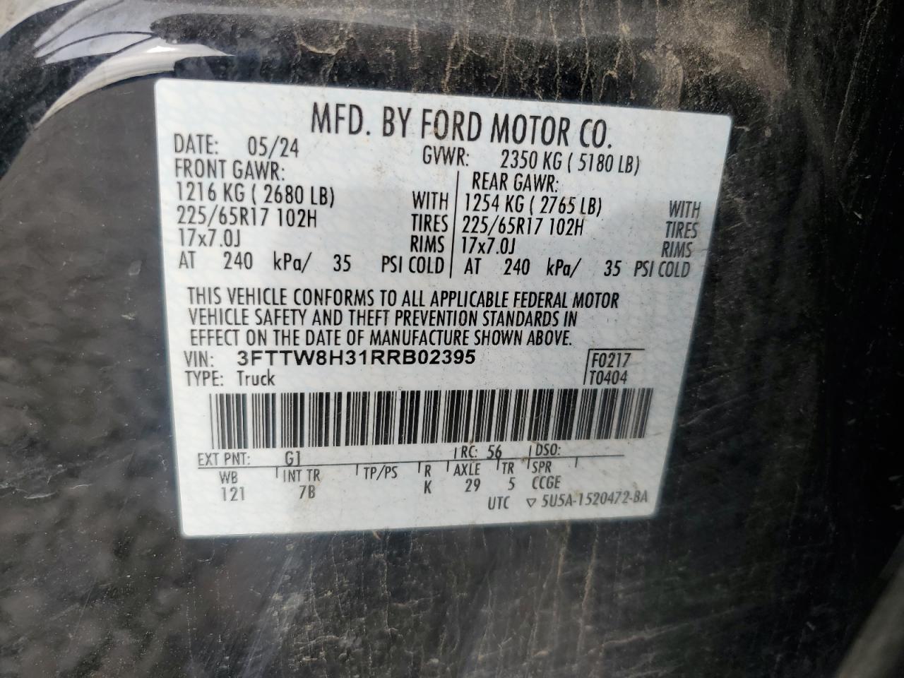 2024 Ford Maverick Xlt VIN: 3FTTW8H31RRB02395 Lot: 93886455