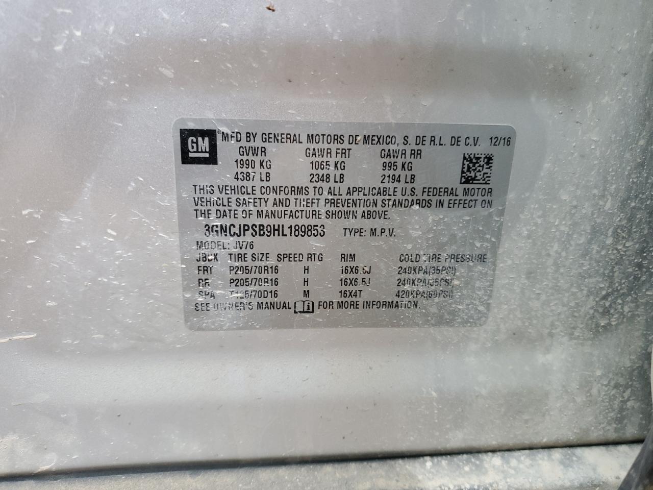 2017 Chevrolet Trax 1Lt VIN: 3GNCJPSB9HL189853 Lot: 93014315