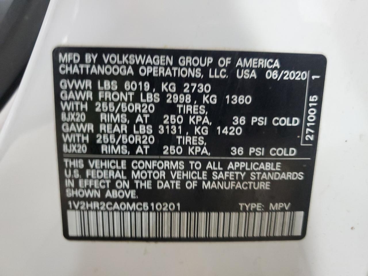 2021 Volkswagen Atlas Se VIN: 1V2HR2CA0MC510201 Lot: 92957735