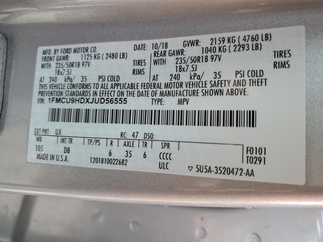 2018 Ford Escape Sel VIN: 1FMCU9HDXJUD56555 Lot: 91837735