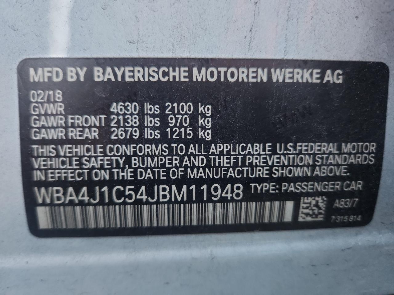 2018 BMW 430I Gran Coupe VIN: WBA4J1C54JBM11948 Lot: 93352325