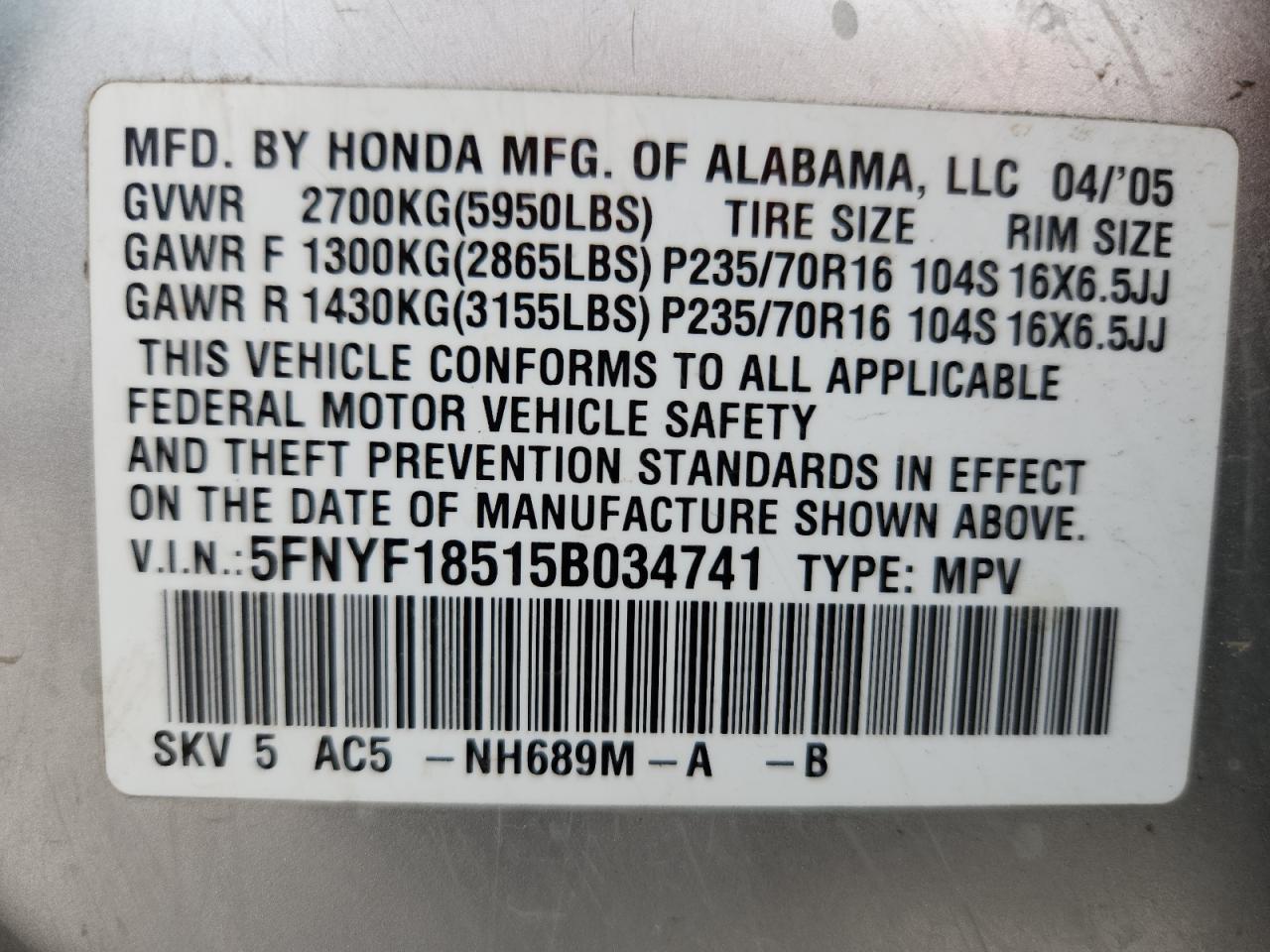 2005 Honda Pilot Exl VIN: 5FNYF18515B034741 Lot: 92256965