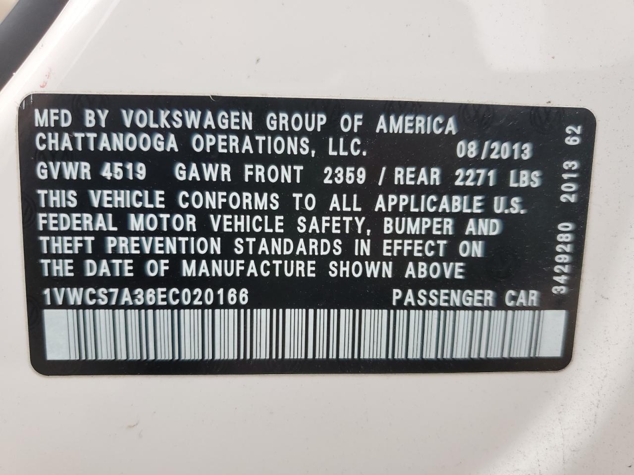 2014 Volkswagen Passat Sel VIN: 1VWCS7A36EC020166 Lot: 93400365