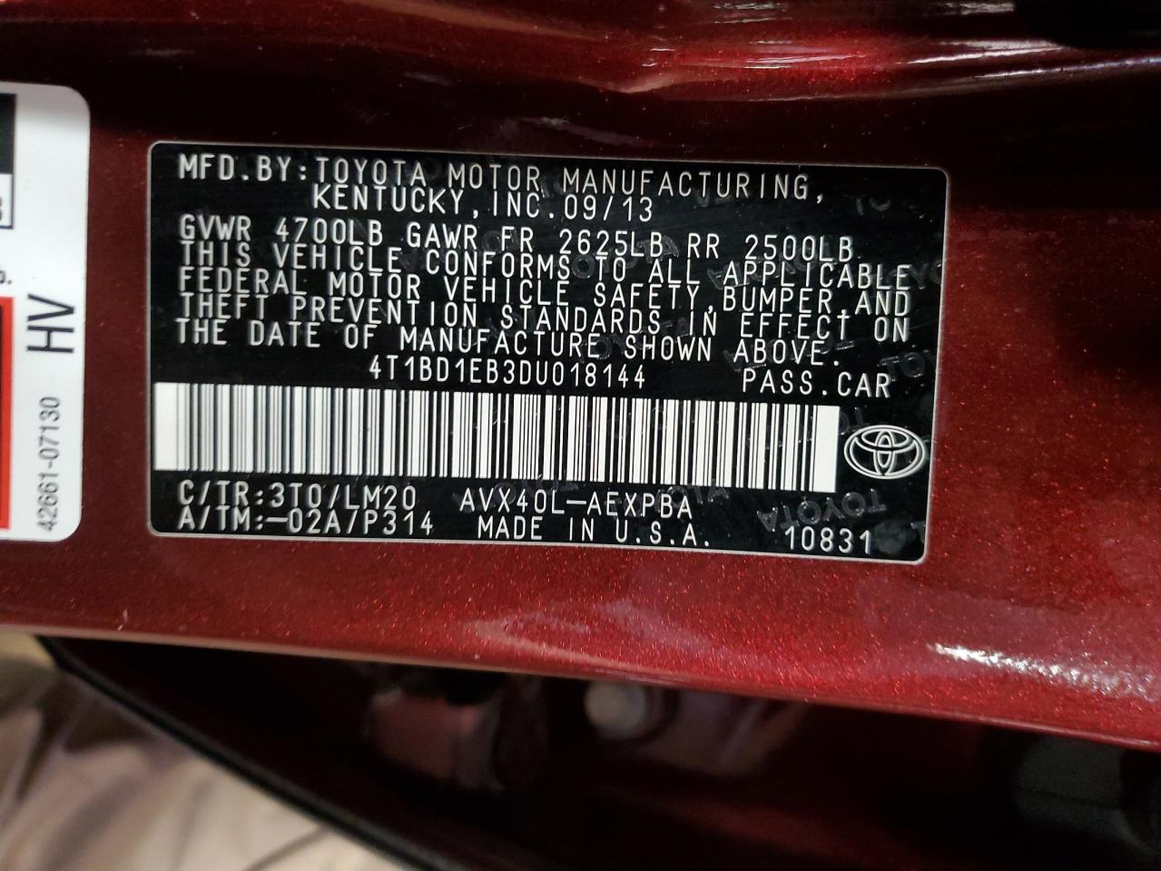 2013 Toyota Avalon Hybrid VIN: 4T1BD1EB3DU018144 Lot: 93086025