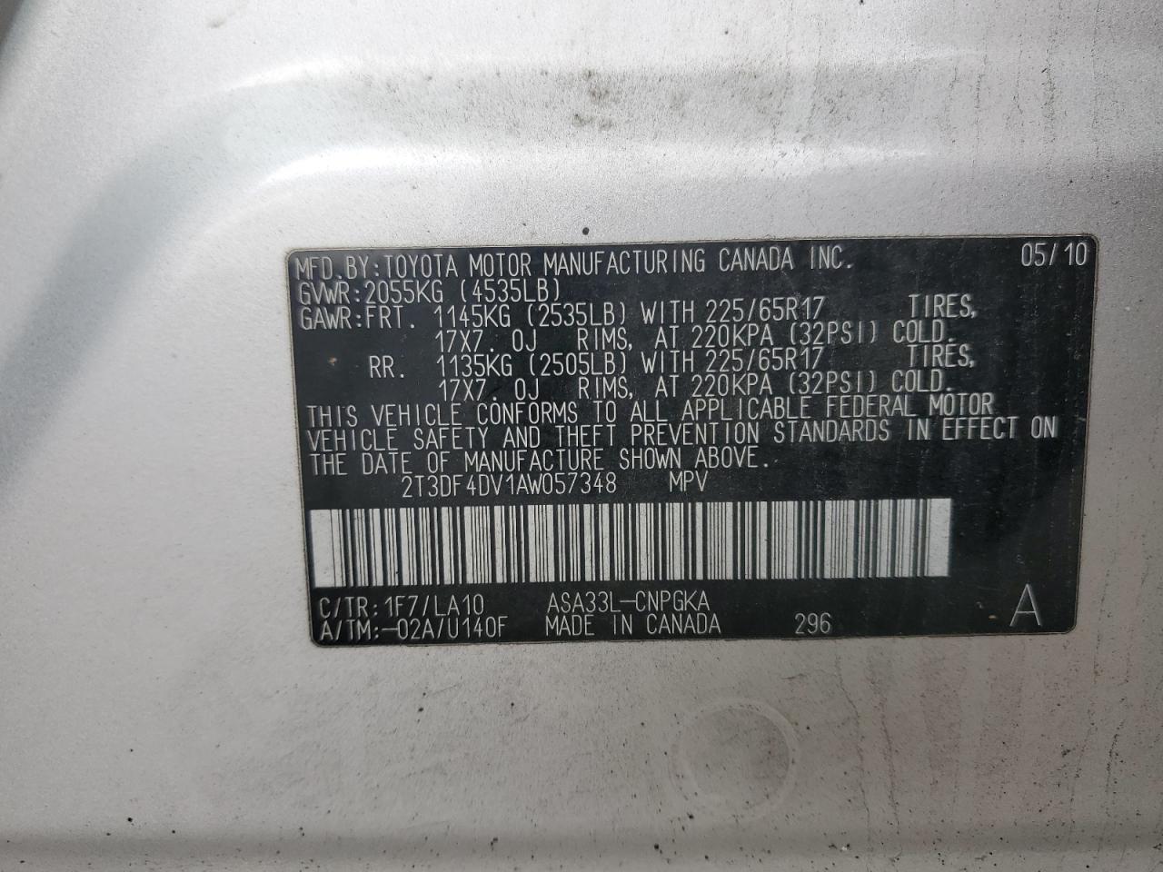 2010 Toyota Rav4 Limited VIN: 2T3DF4DV1AW057348 Lot: 91470225