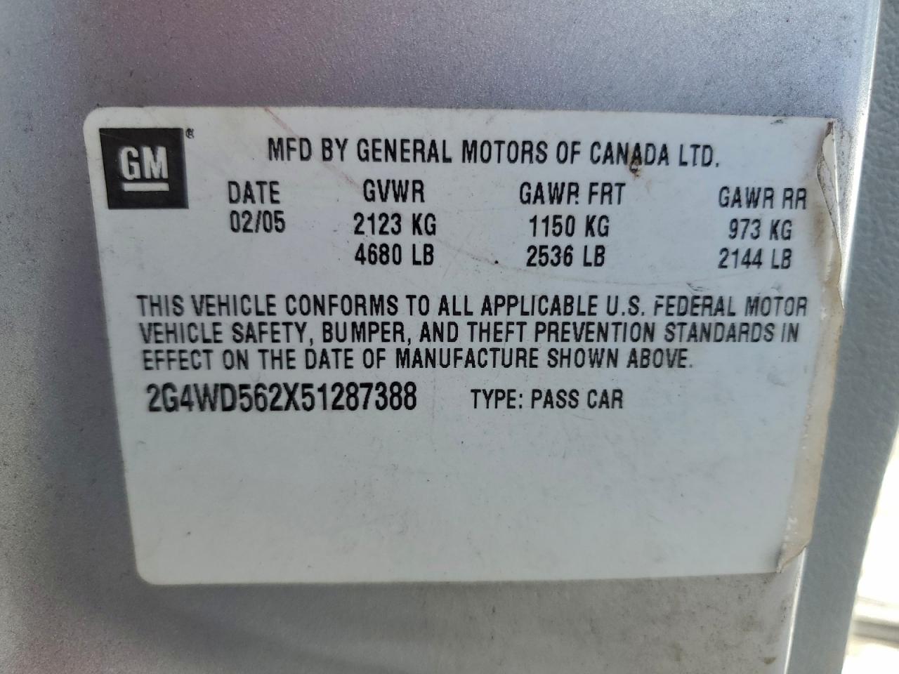 2005 Buick Lacrosse Cxl VIN: 2G4WD562X51287388 Lot: 92501475