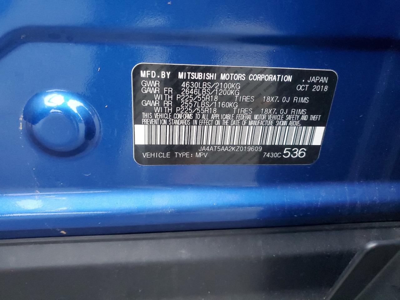 2019 Mitsubishi Eclipse Cross Se VIN: JA4AT5AA2KZ019609 Lot: 93807505