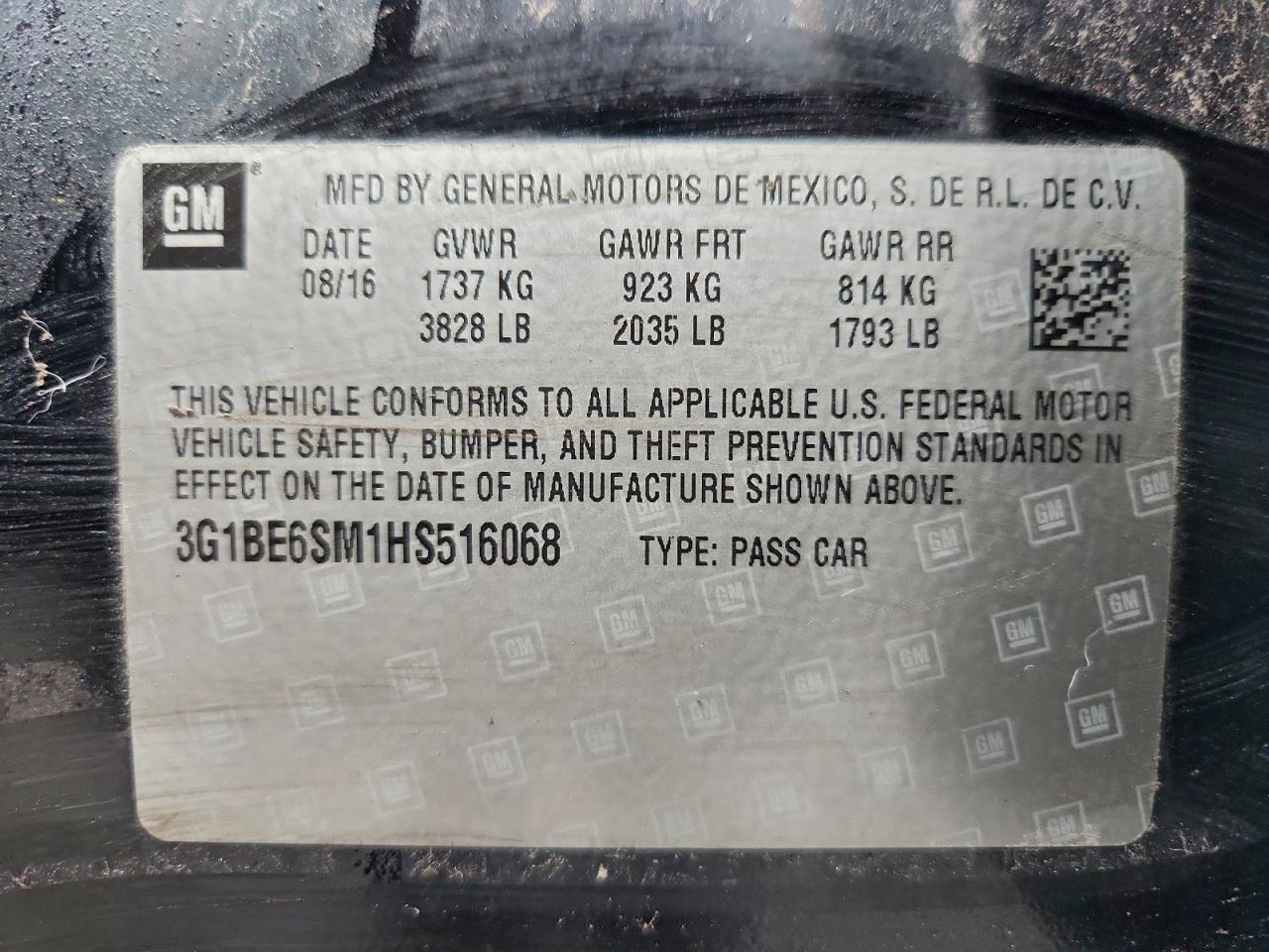 2017 Chevrolet Cruze Lt VIN: 3G1BE6SM1HS516068 Lot: 94309035