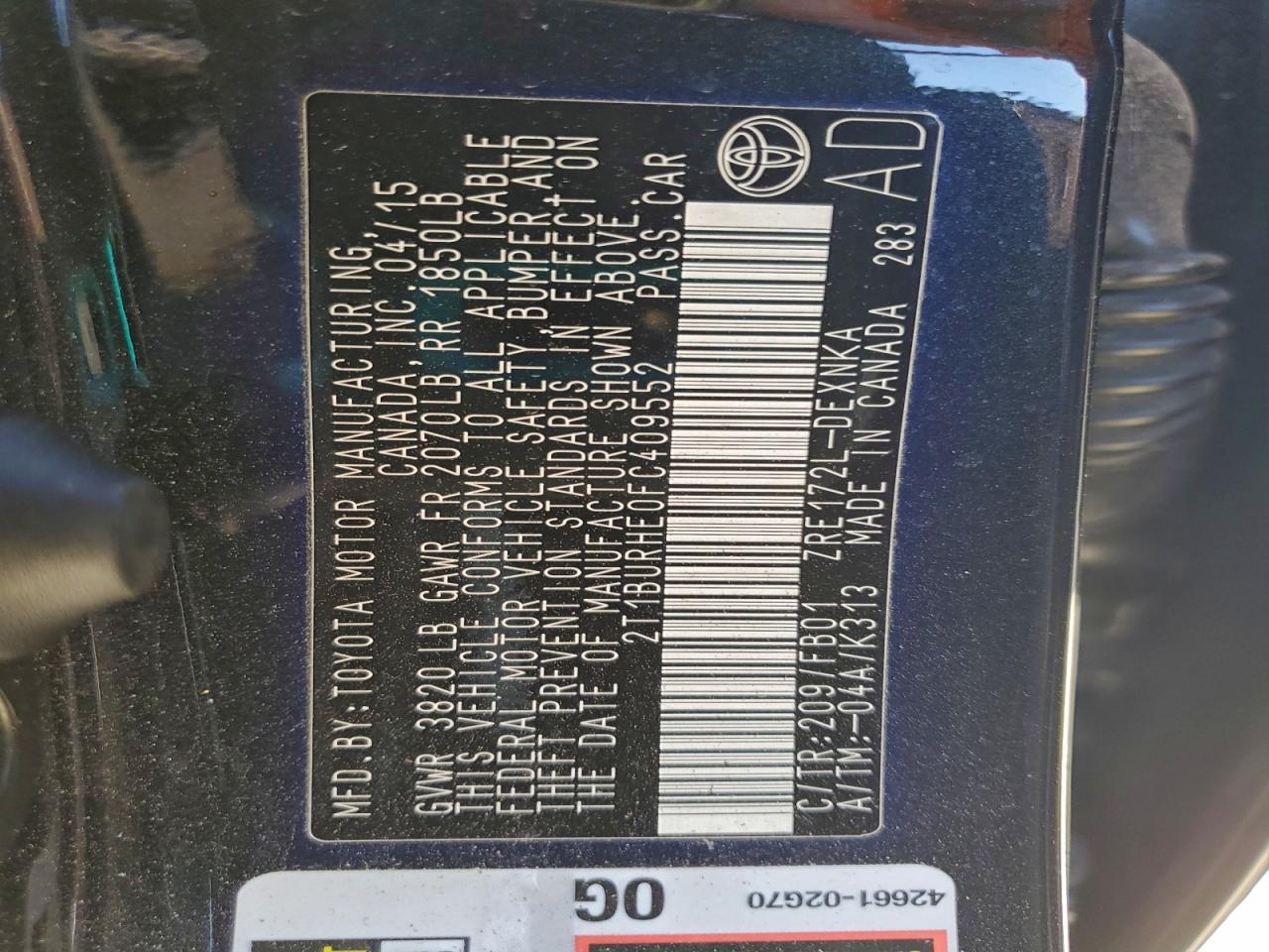 2015 Toyota Corolla L VIN: 2T1BURHE0FC409552 Lot: 94474835