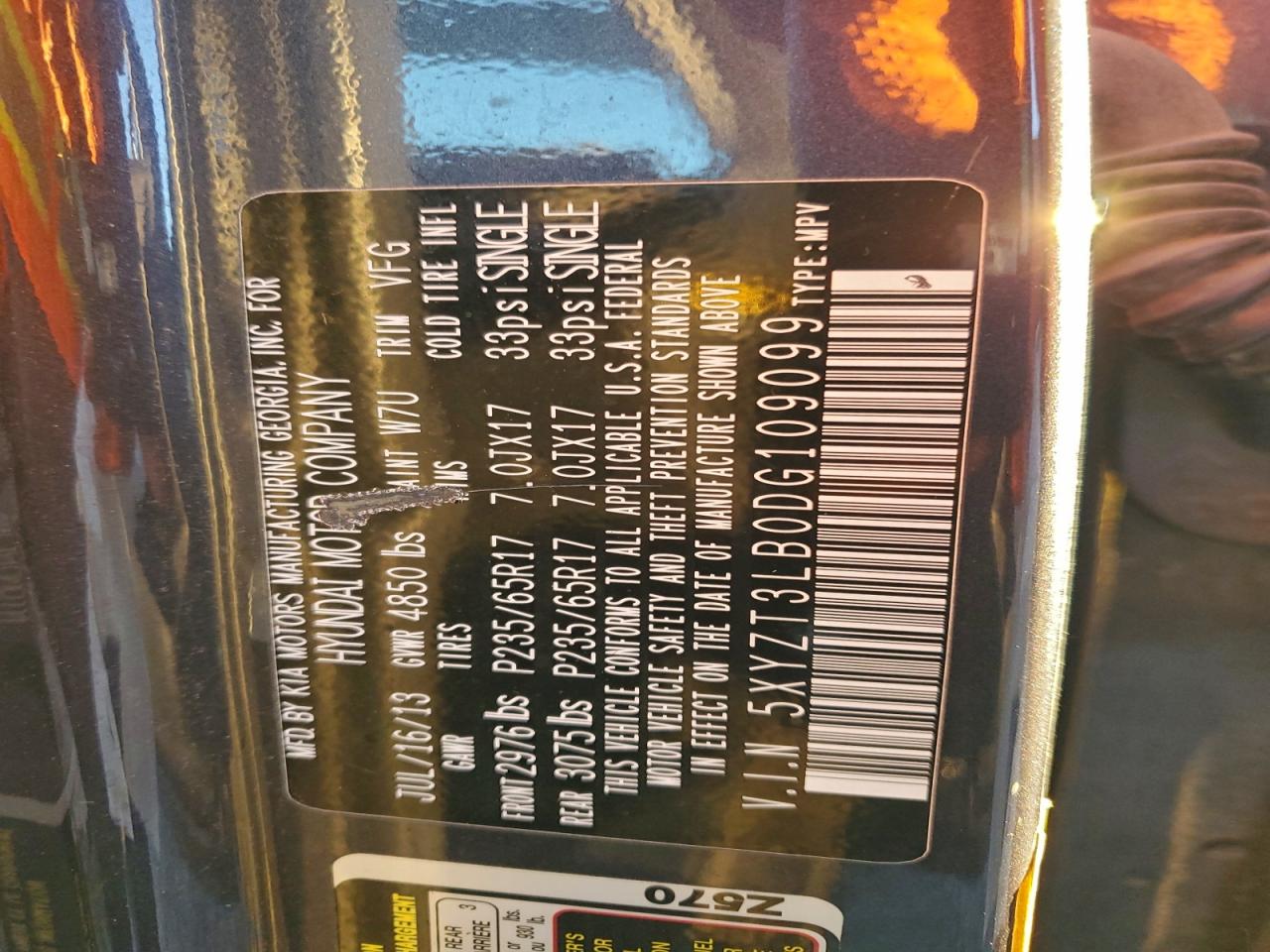 2013 Hyundai Santa Fe Sport VIN: 5XYZT3LB0DG109099 Lot: 91498795