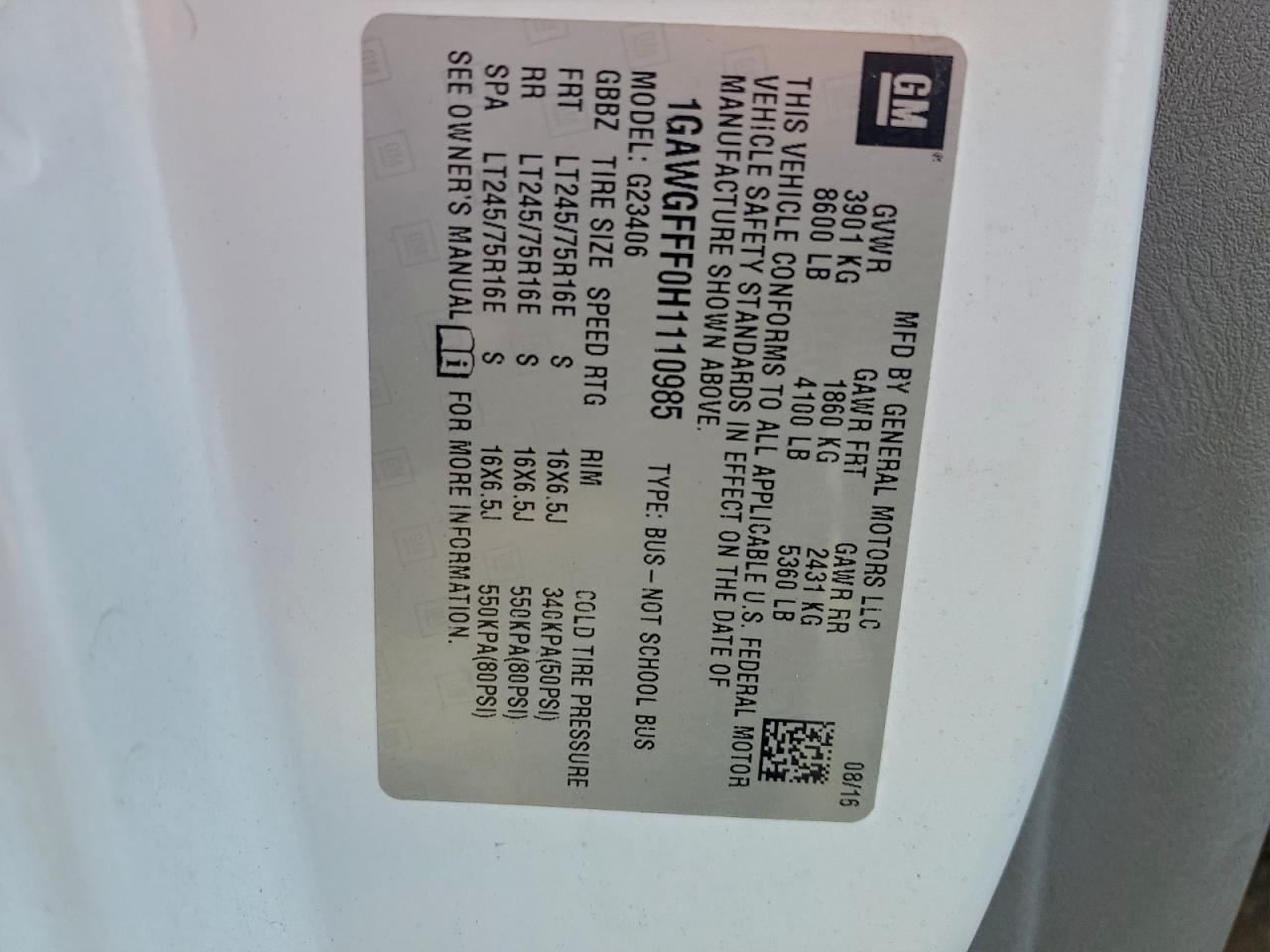 2017 Chevrolet Express G2500 Lt VIN: 1GAWGFFF0H1110985 Lot: 91742085