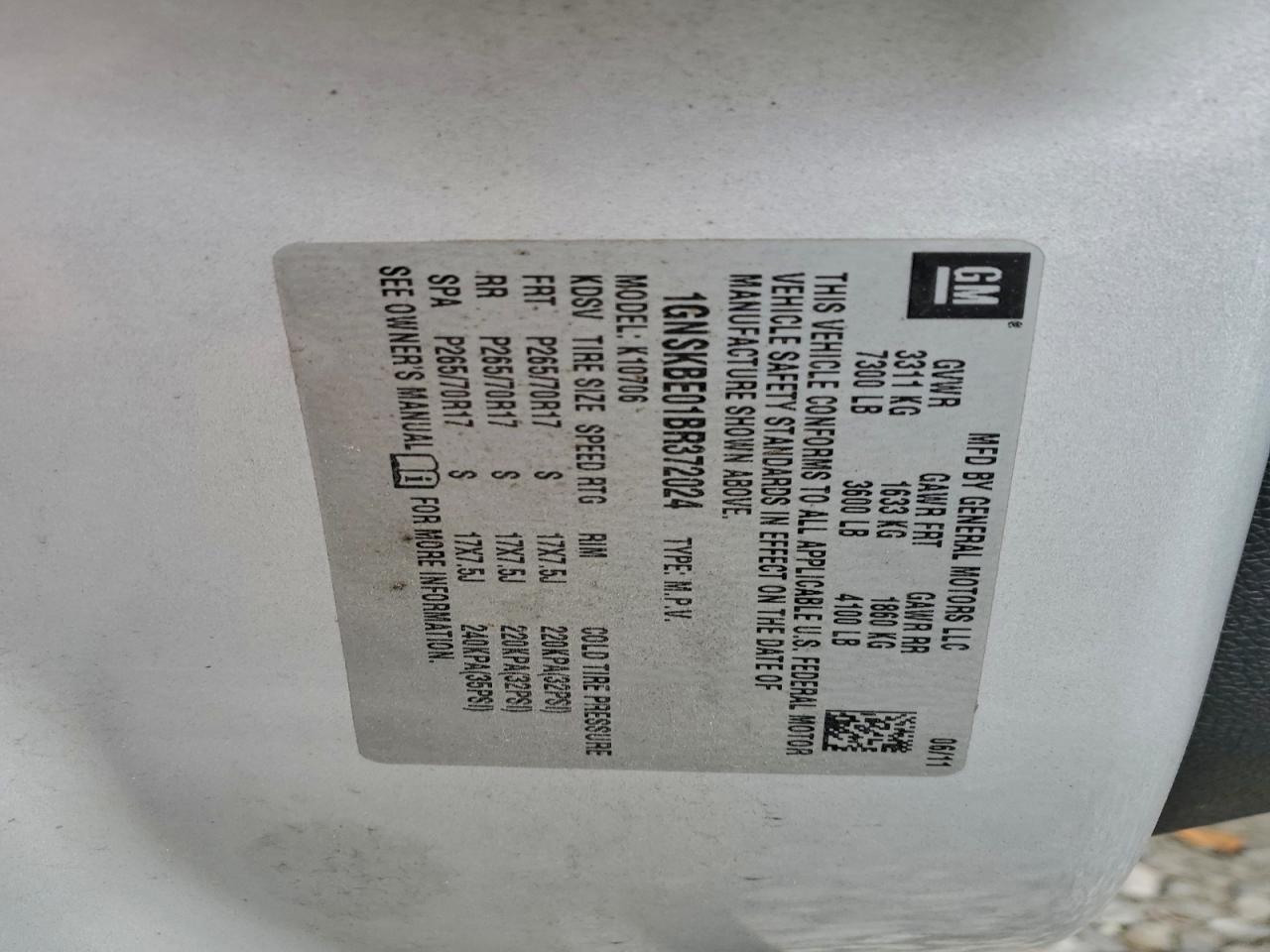 2011 Chevrolet Tahoe K1500 Lt VIN: 1GNSKBE01BR372024 Lot: 93558075