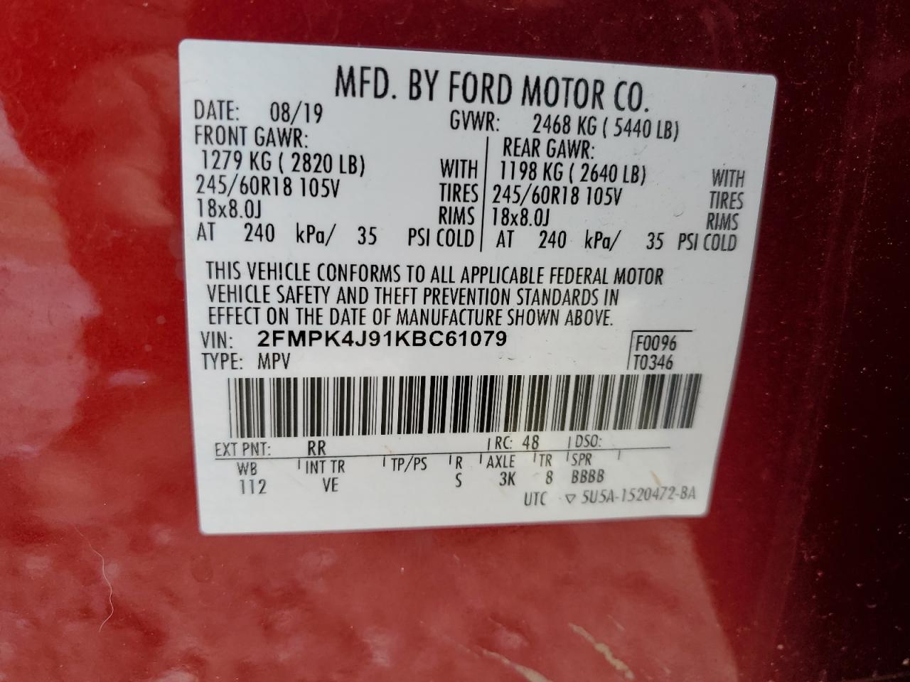 2019 Ford Edge Sel VIN: 2FMPK4J91KBC61079 Lot: 93423555