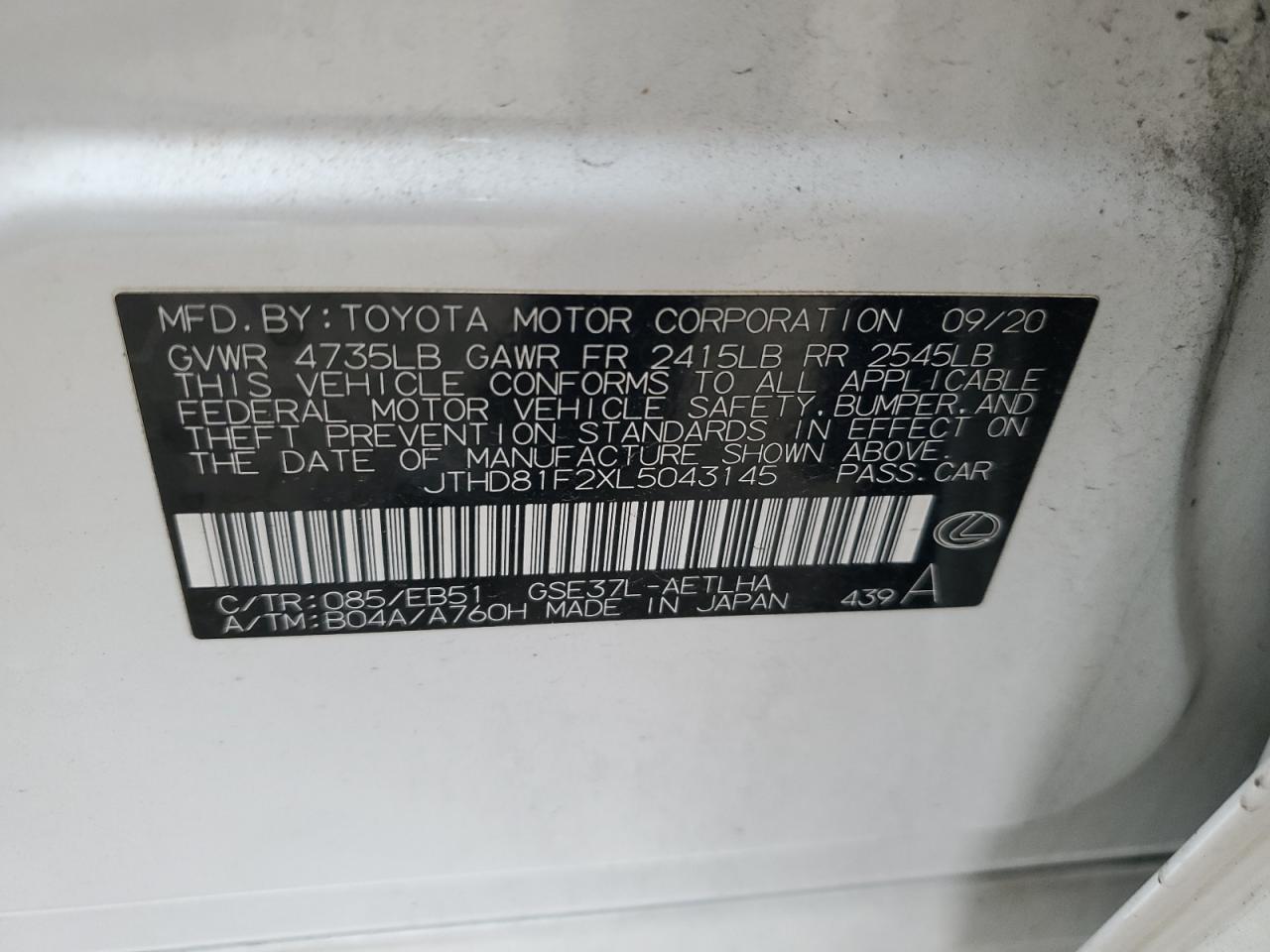 2020 Lexus Is 300 Premium VIN: JTHD81F2XL5043145 Lot: 92915055