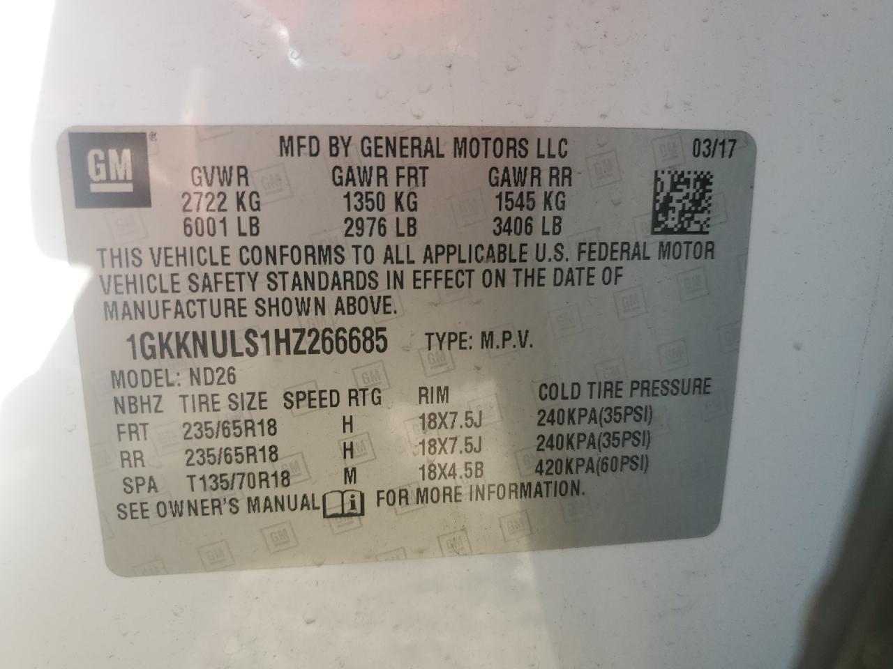 2017 GMC Acadia Slt-1 VIN: 1GKKNULS1HZ266685 Lot: 89658465