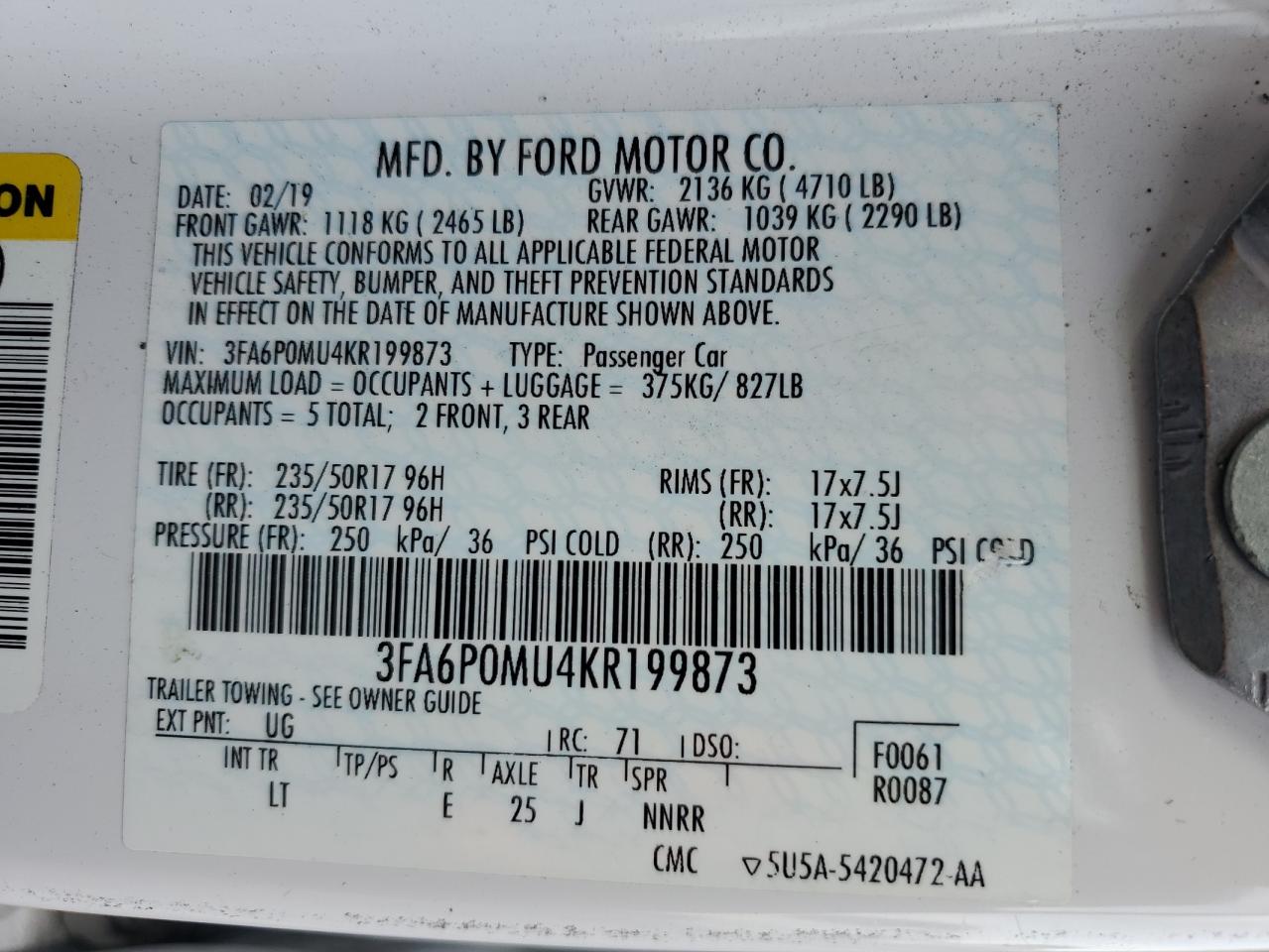 2019 Ford Fusion Sel VIN: 3FA6P0MU4KR199873 Lot: 92400805