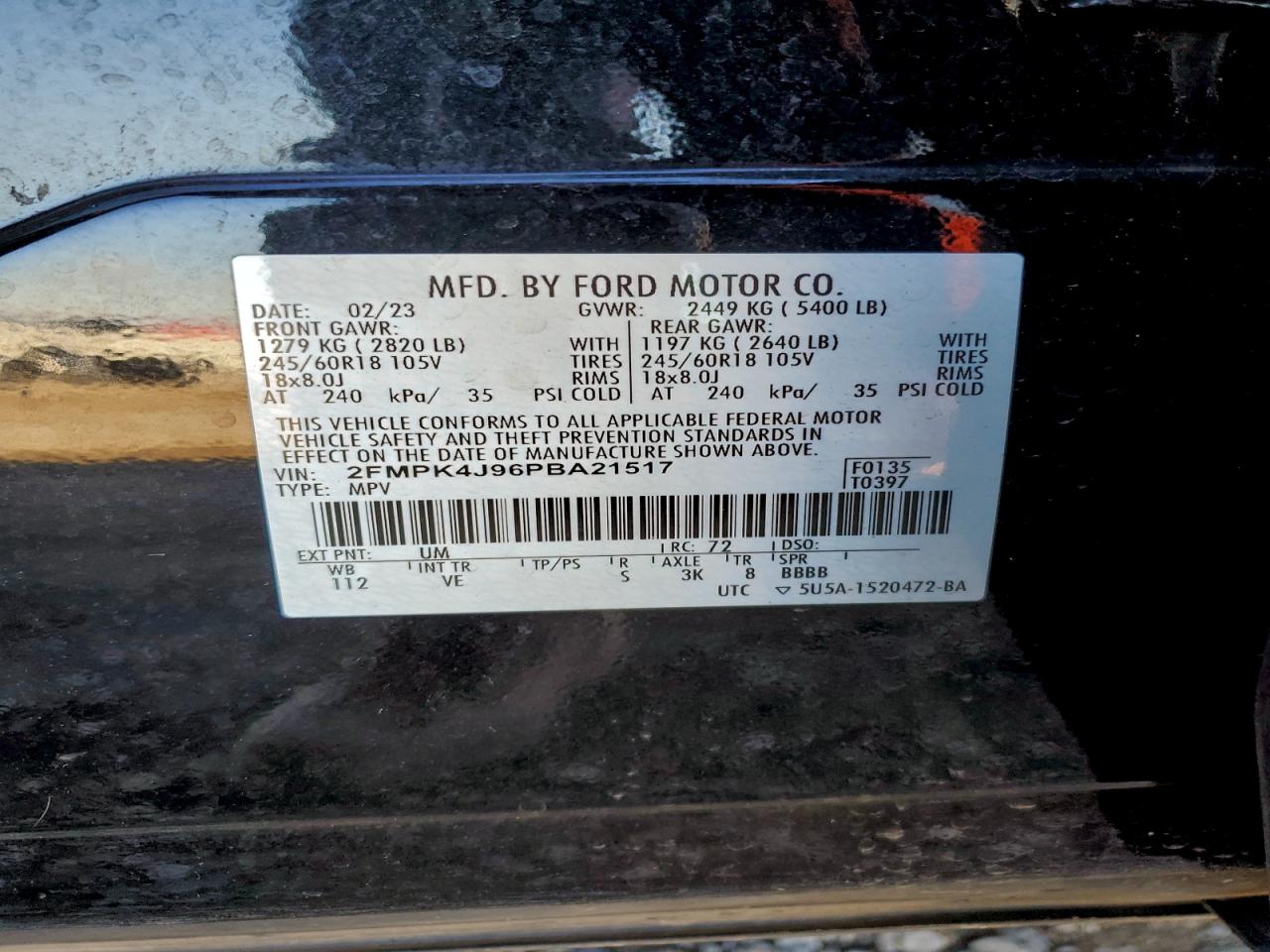 2023 Ford Edge Sel VIN: 2FMPK4J96PBA21517 Lot: 94335695