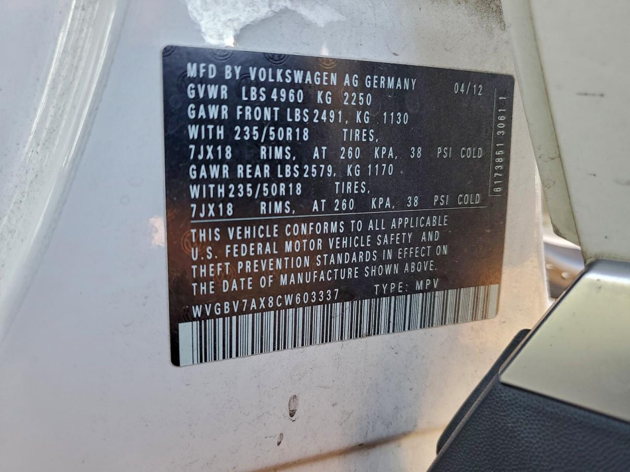 2012 Volkswagen Tiguan S VIN: WVGBV7AX8CW603337 Lot: 92837425