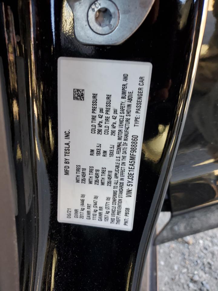 2021 Tesla Model 3 VIN: 5YJ3E1EA5MF988860 Lot: 91288335