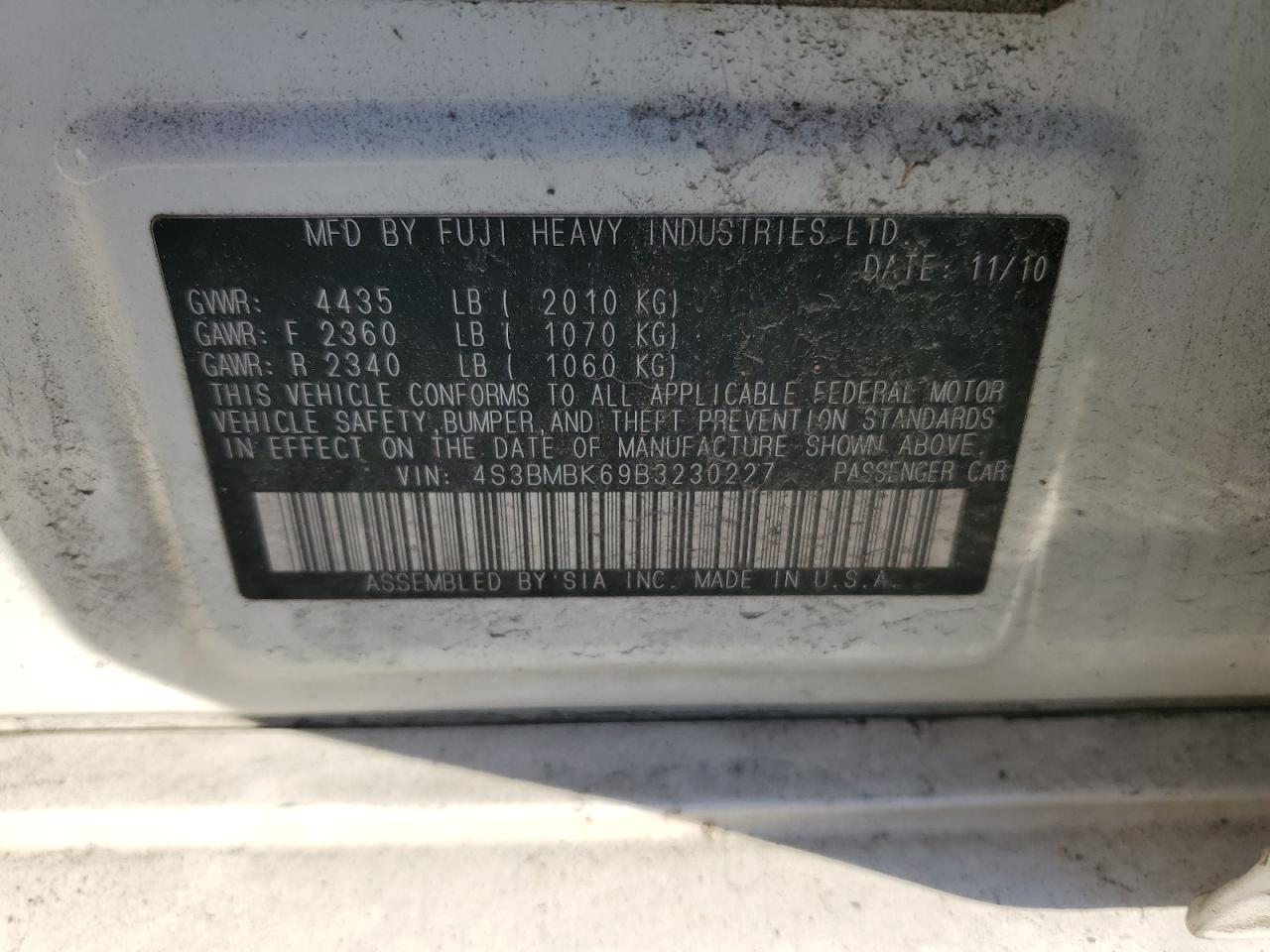 2011 Subaru Legacy 2.5I Limited VIN: 4S3BMBK69B3230227 Lot: 92224705