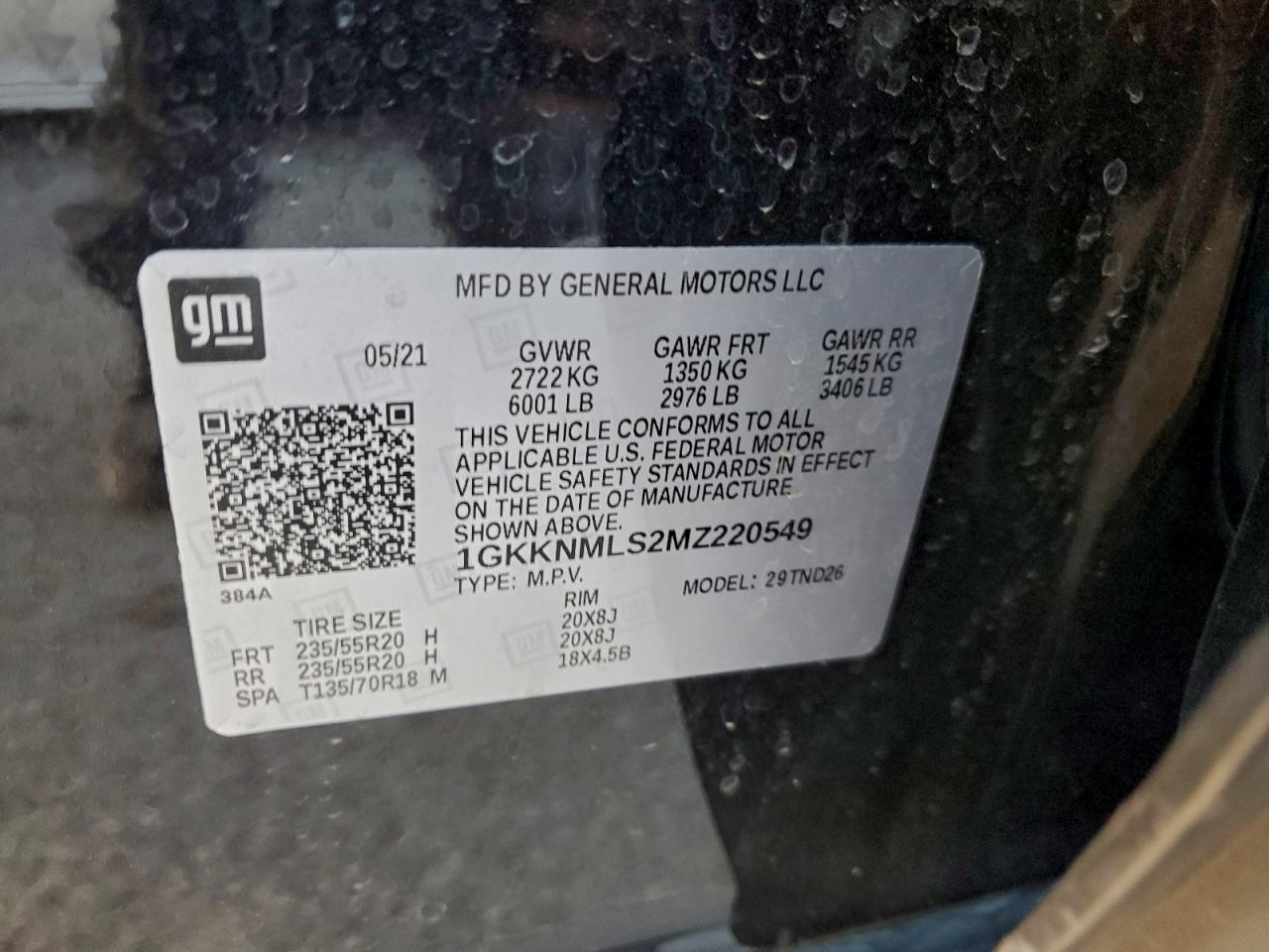 2021 GMC Acadia Slt VIN: 1GKKNMLS2MZ220549 Lot: 94370975