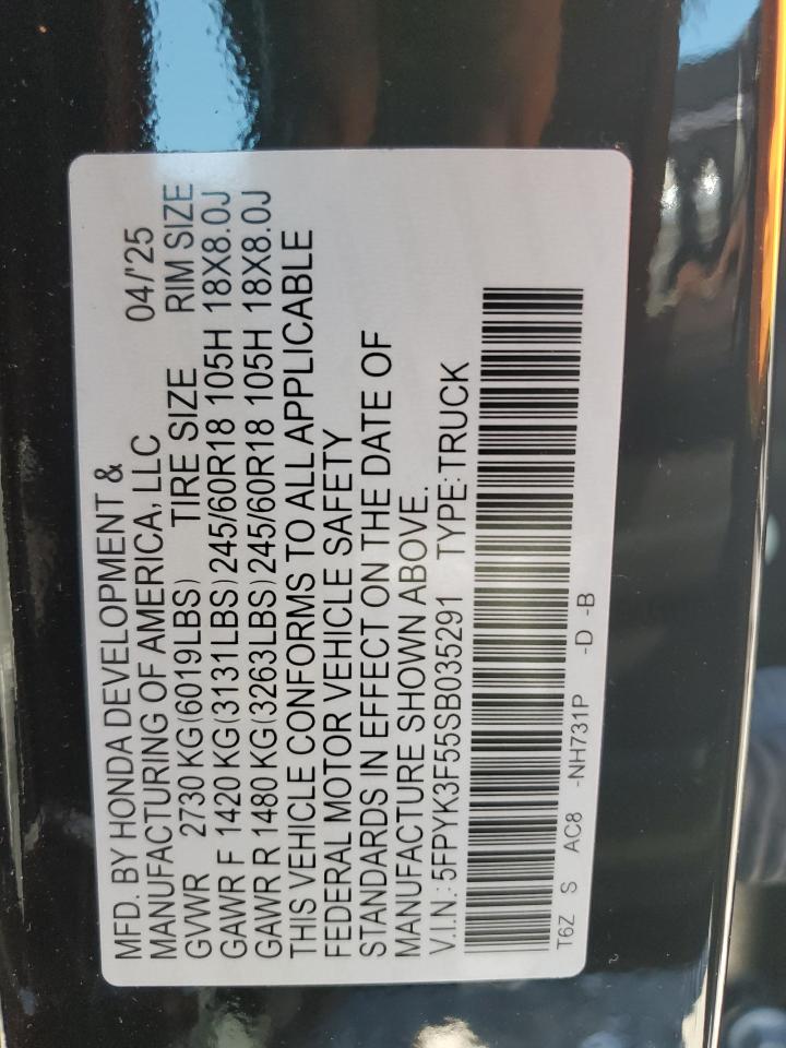 2025 Honda Ridgeline Rtl VIN: 5FPYK3F55SB035291 Lot: 92426635