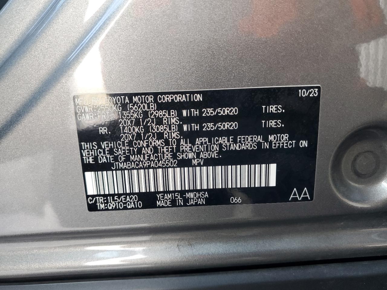 2023 Toyota Bz4X Xle VIN: JTMABACA9PA045502 Lot: 93140455