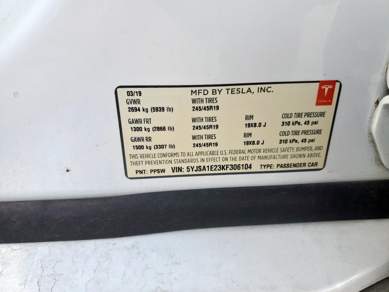 2019 Tesla Model S VIN: 5YJSA1E23KF306104 Lot: 93340795