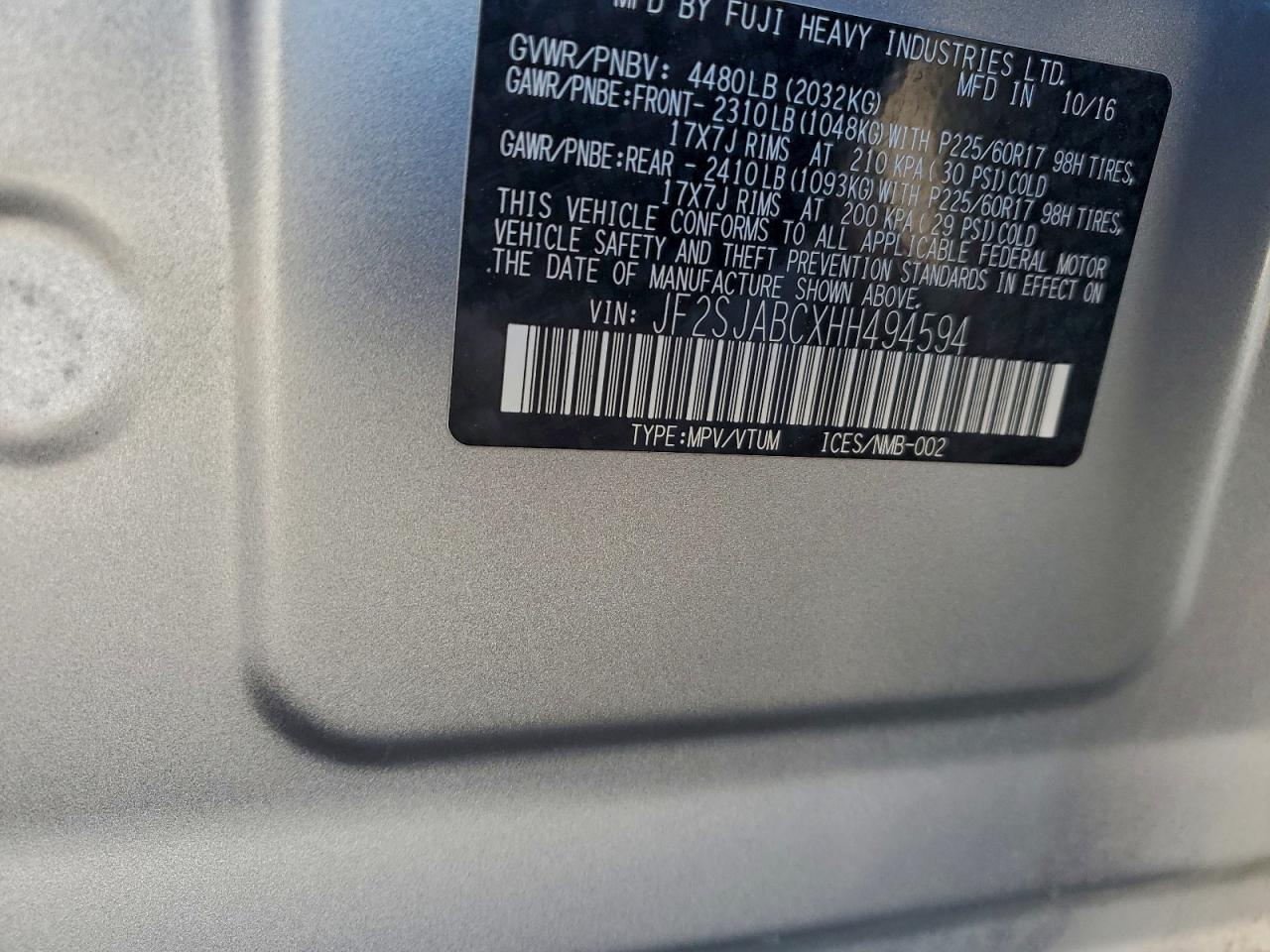 2017 Subaru Forester 2.5I VIN: JF2SJABCXHH494594 Lot: 93775385