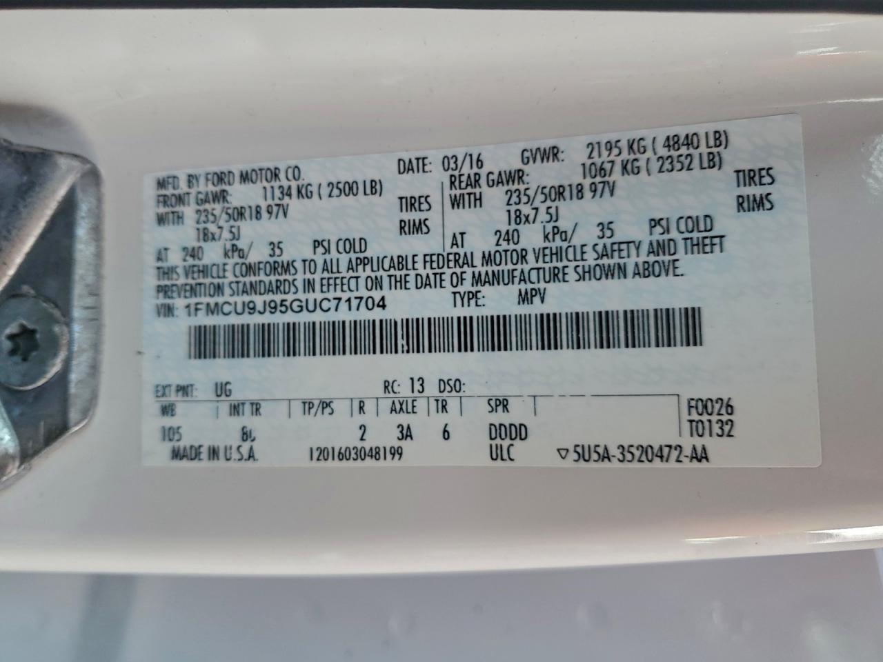 2016 Ford Escape Titanium VIN: 1FMCU9J95GUC71704 Lot: 94297815