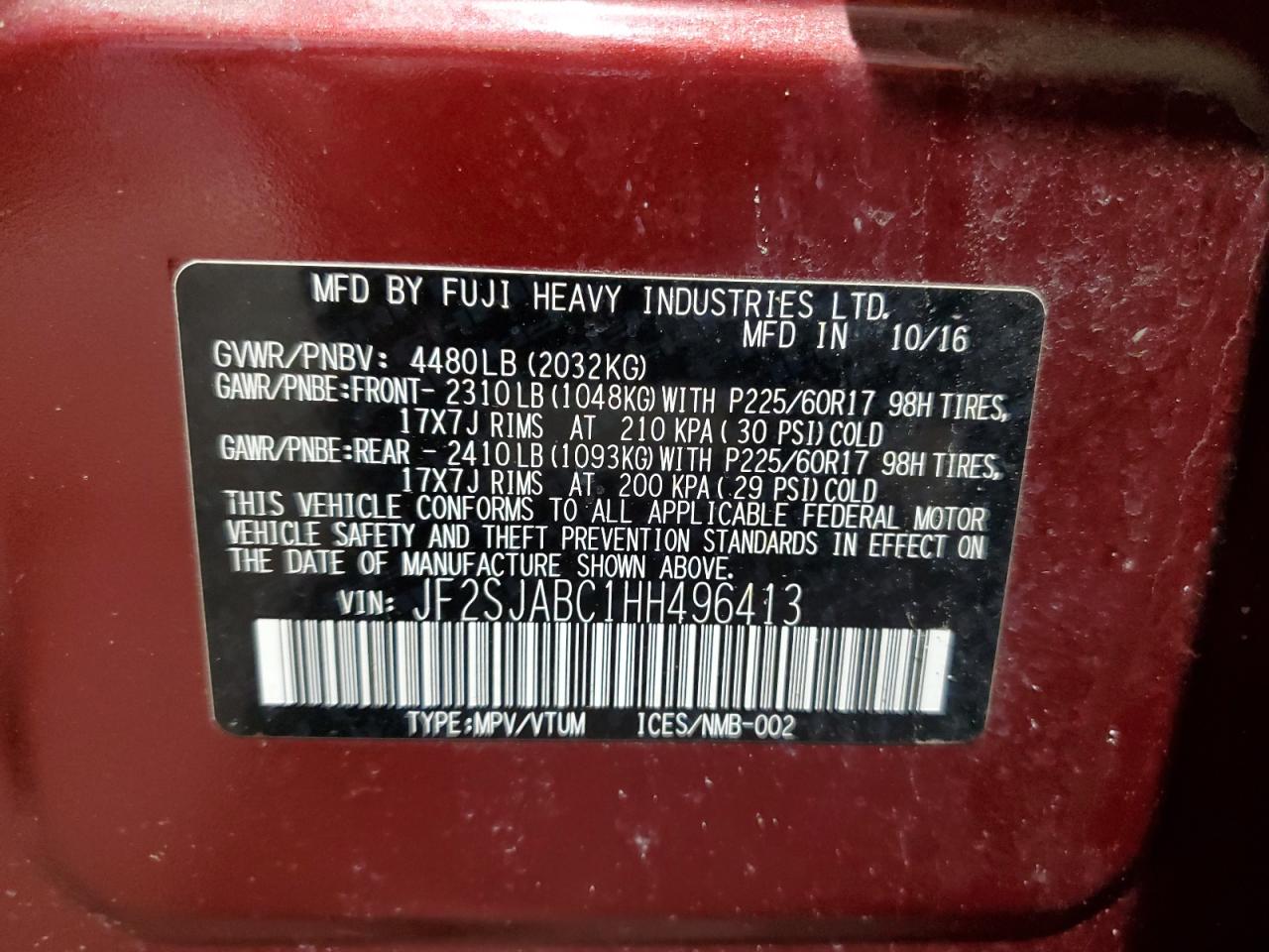 2017 Subaru Forester 2.5I VIN: JF2SJABC1HH496413 Lot: 92818795