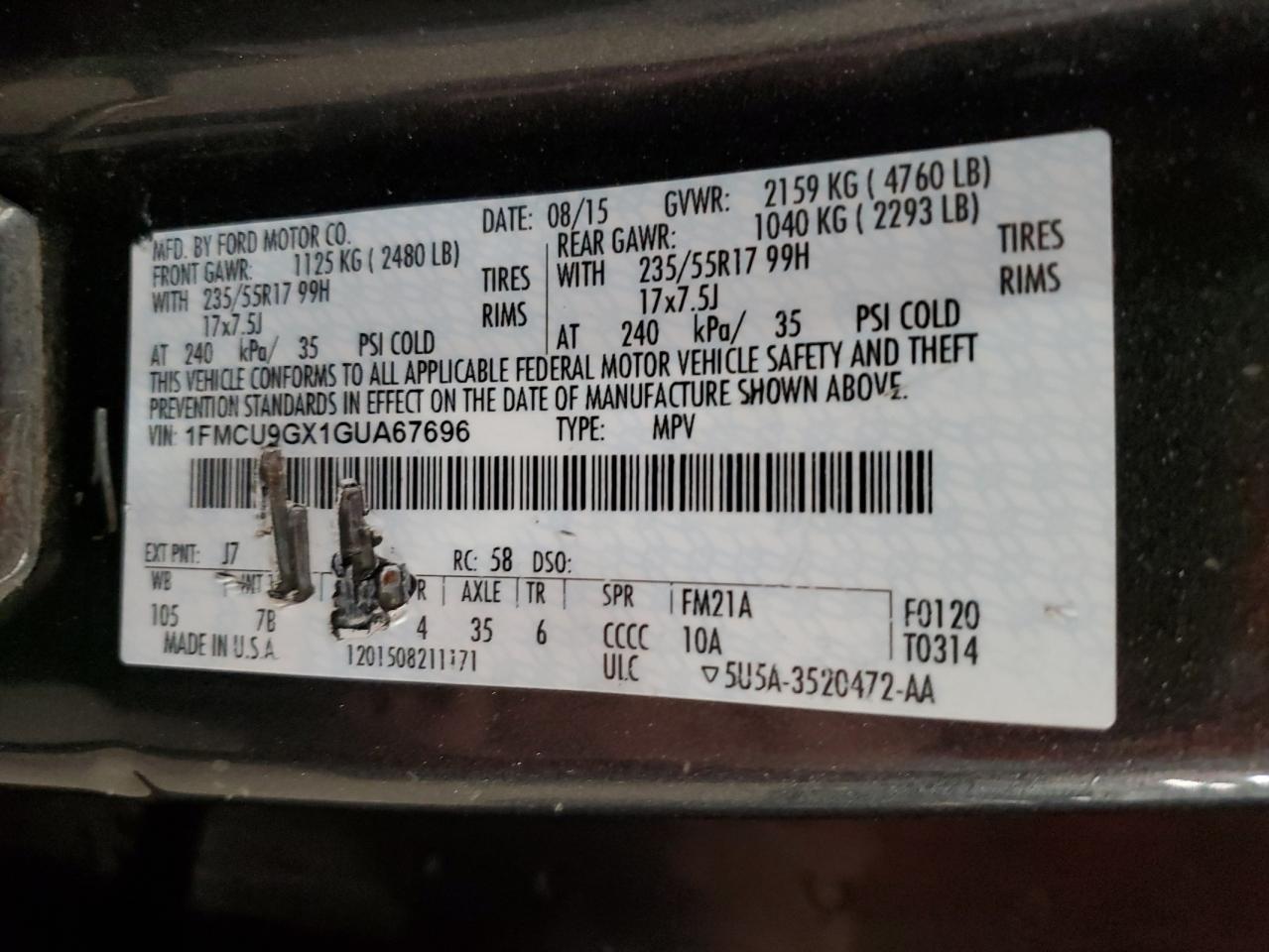 2016 Ford Escape Se VIN: 1FMCU9GX1GUA67696 Lot: 91626395