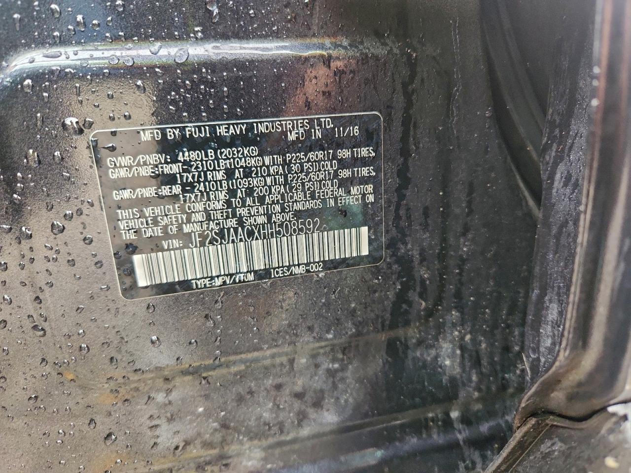 2017 Subaru Forester 2.5I VIN: JF2SJAACXHH508592 Lot: 93854025