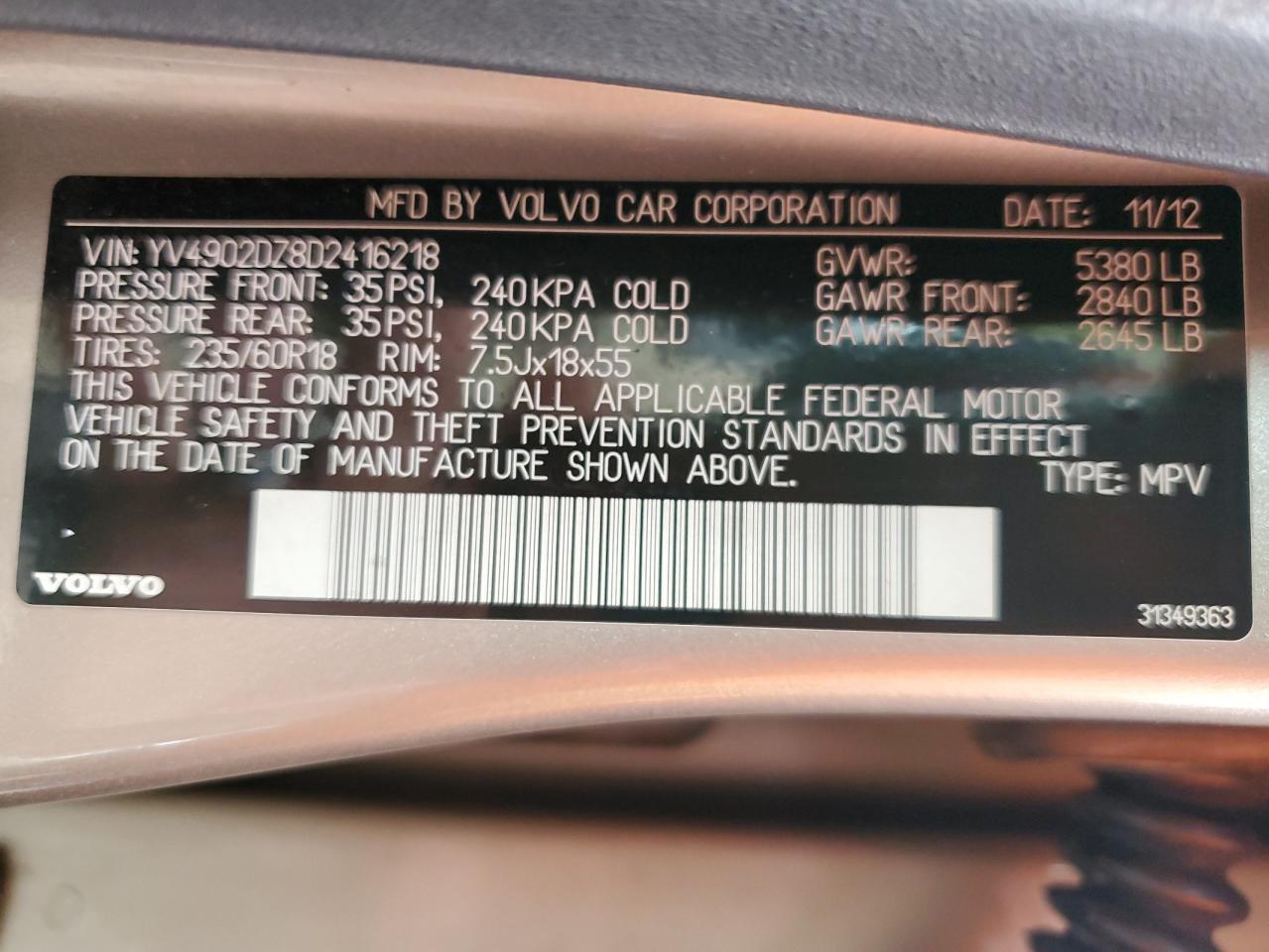 2013 Volvo Xc60 T6 VIN: YV4902DZ8D2416218 Lot: 94873155