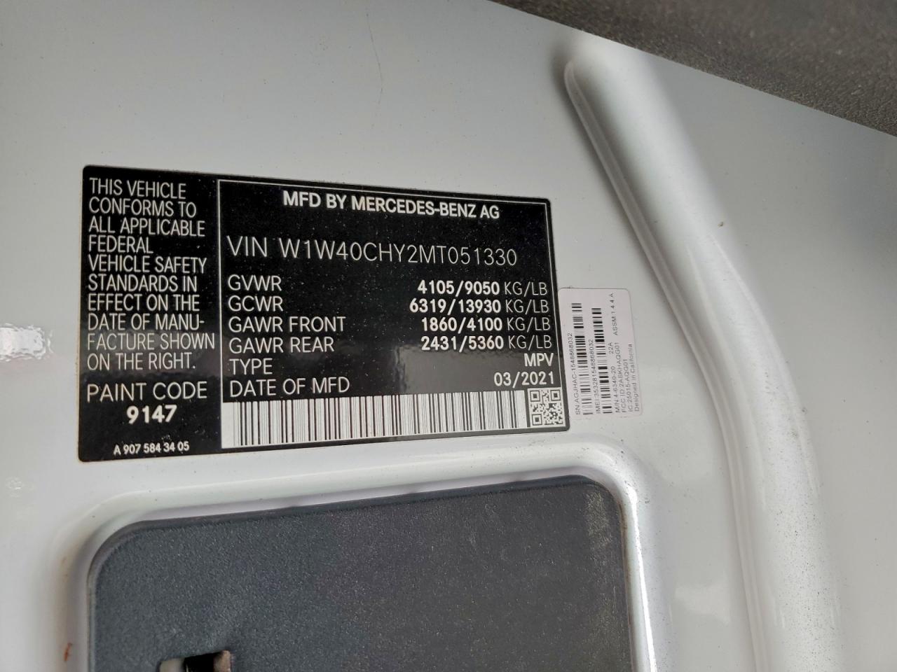 2021 Mercedes-Benz Sprinter 2500 VIN: W1W40CHY2MT051330 Lot: 93490395