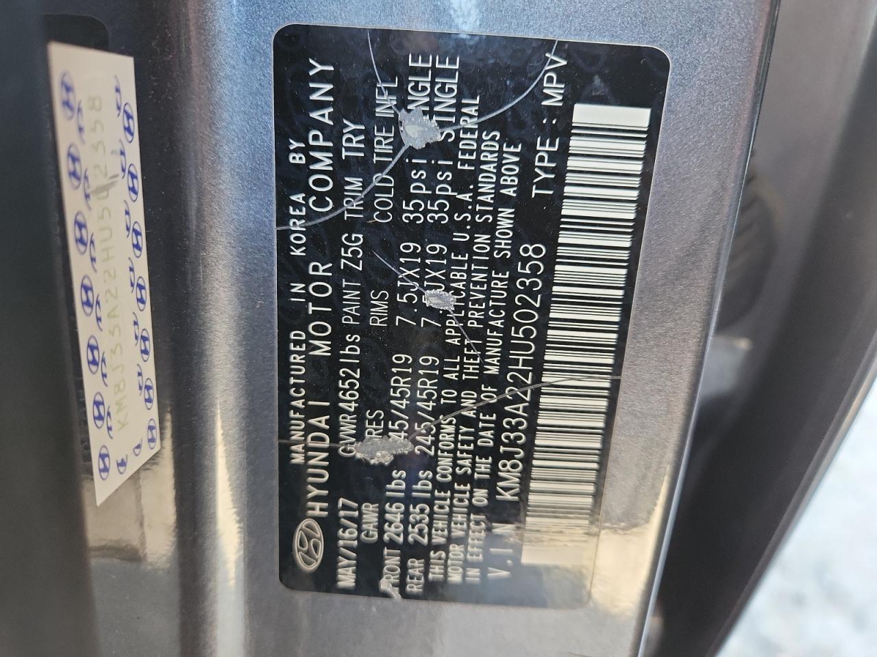 2017 Hyundai Tucson Limited VIN: KM8J33A22HU502358 Lot: 92225815