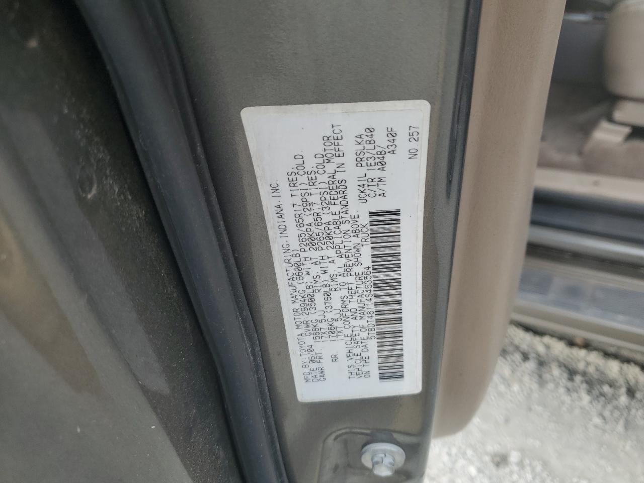 2004 Toyota Tundra Double Cab Limited VIN: 5TBDT48114S463564 Lot: 93955505