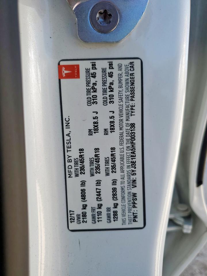 2017 Tesla Model 3 VIN: 5YJ3E1EA5HF003138 Lot: 91372255