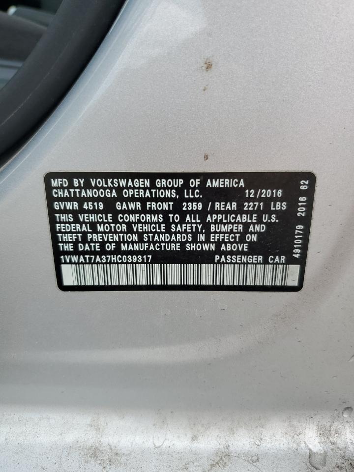 2017 Volkswagen Passat S VIN: 1VWAT7A37HC039317 Lot: 92871325