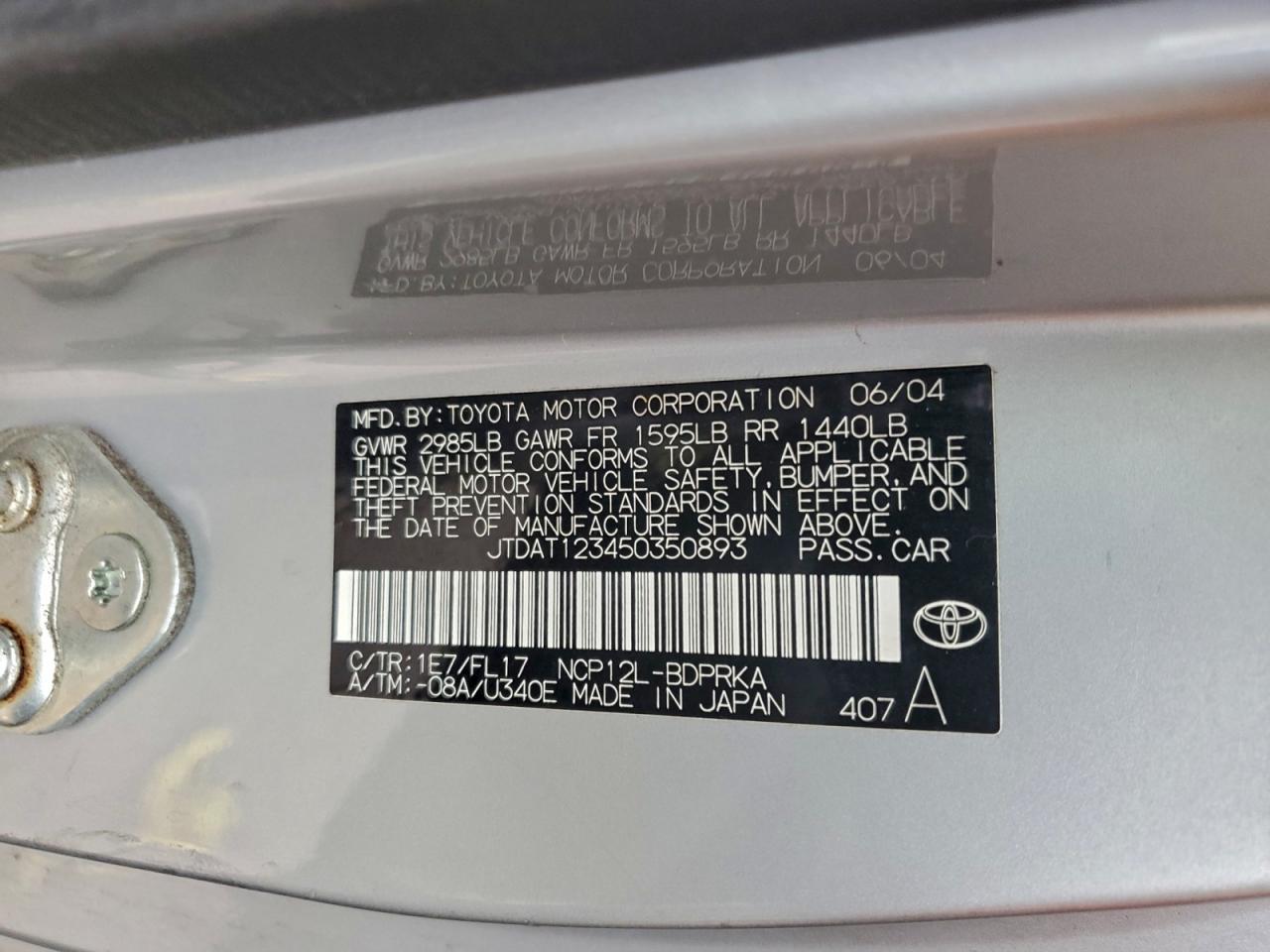 2005 Toyota Echo VIN: JTDAT123450350893 Lot: 94710655