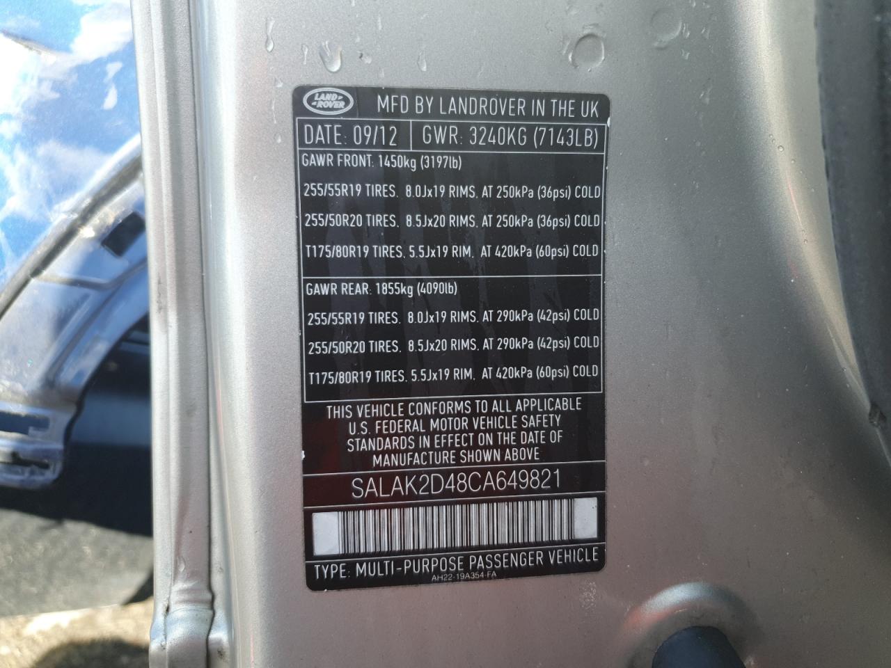 2012 Land Rover Lr4 Hse Luxury VIN: SALAK2D48CA649821 Lot: 93118865