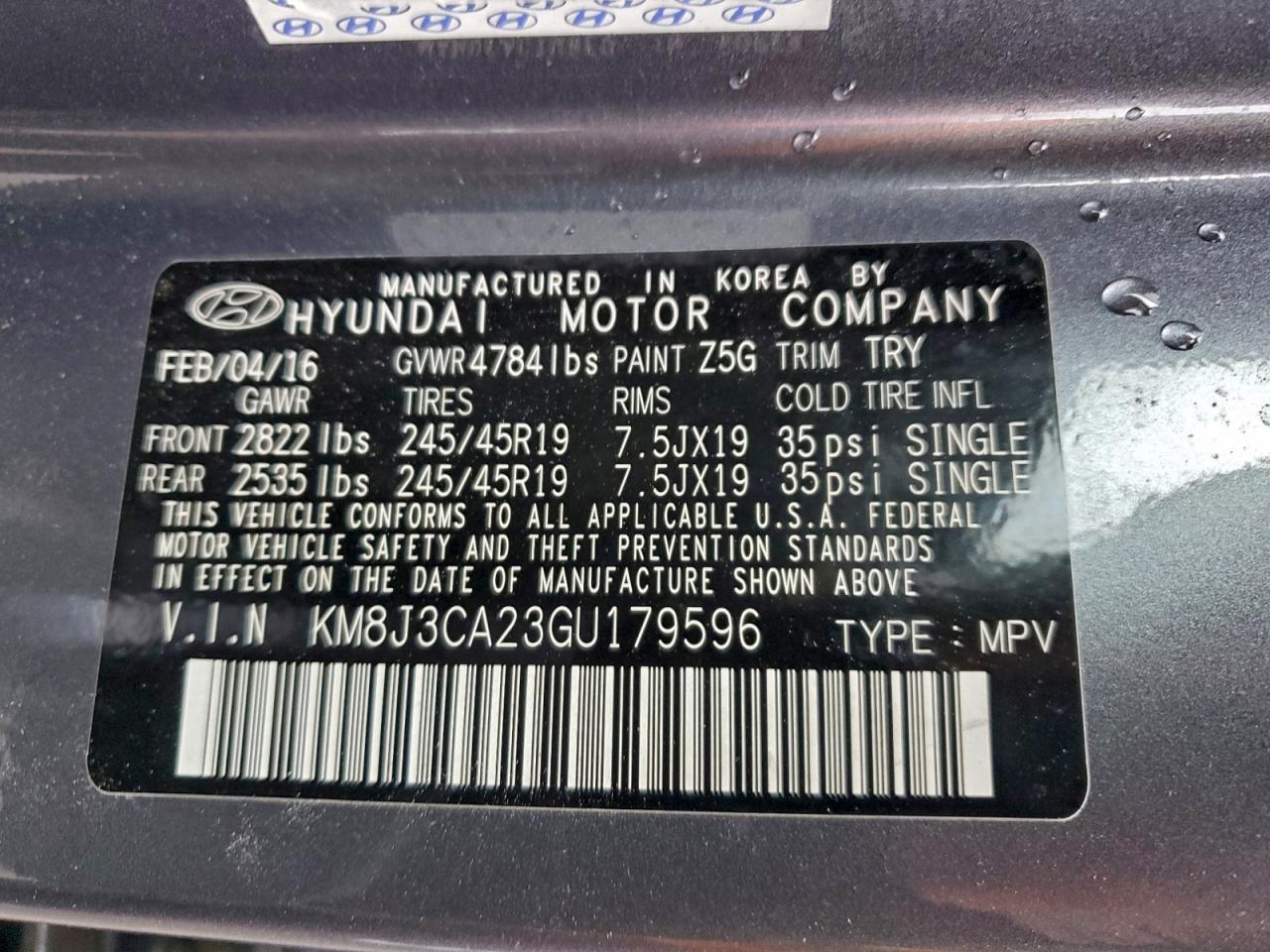 2016 Hyundai Tucson Limited VIN: KM8J3CA23GU179596 Lot: 94038885