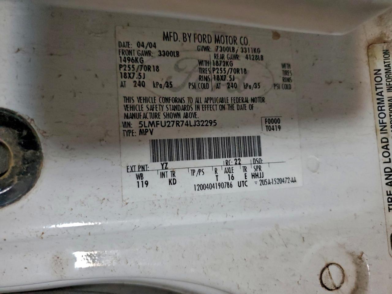 2004 Lincoln Navigator VIN: 5LMFU27R74LJ32295 Lot: 94516835