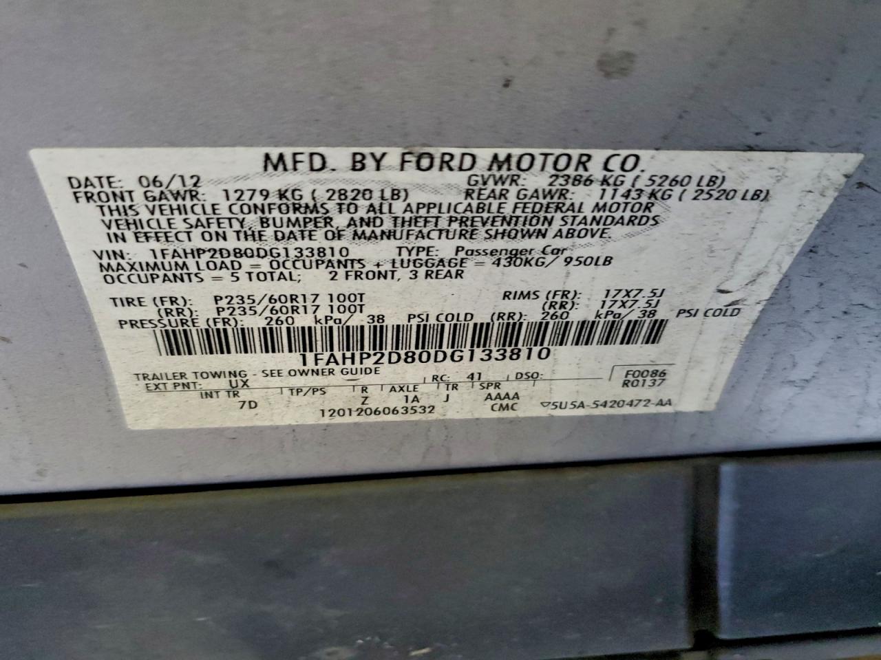 2013 Ford Taurus Se VIN: 1FAHP2D80DG133810 Lot: 93618285
