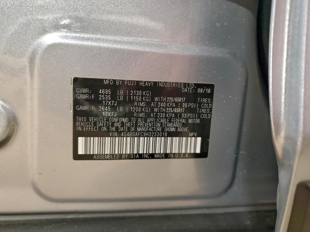 2017 Subaru Outback 2.5I Premium VIN: 4S4BSAFC9H3233018 Lot: 94532625