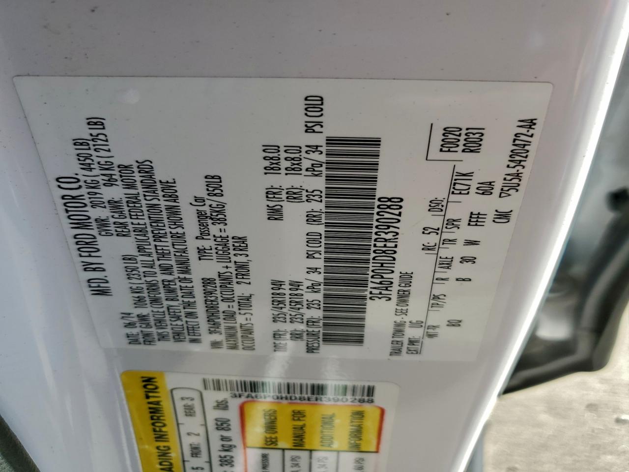 2014 Ford Fusion Se VIN: 3FA6P0HD8ER390288 Lot: 93972485