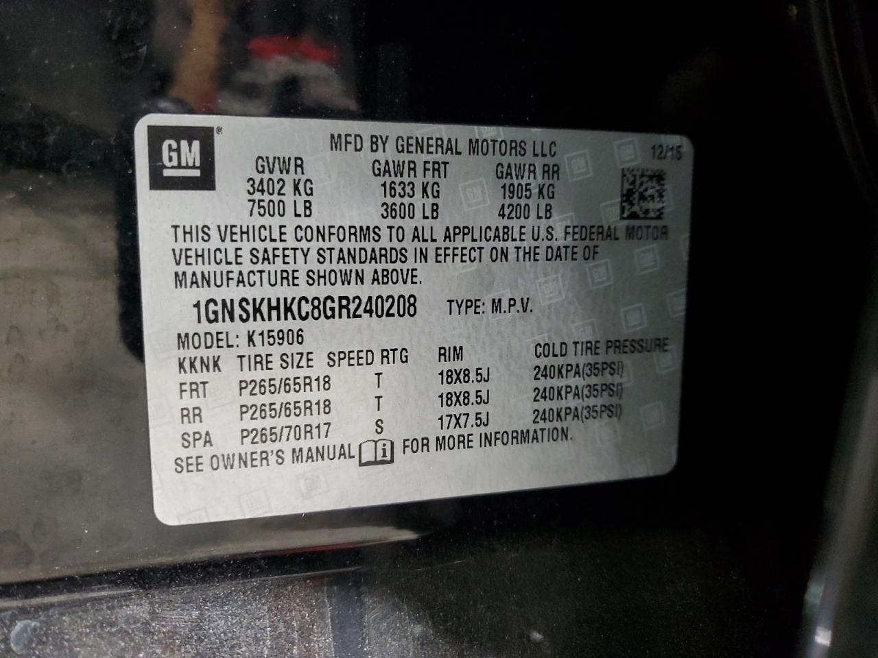 2016 Chevrolet Suburban K1500 Lt VIN: 1GNSKHKC8GR240208 Lot: 93100765