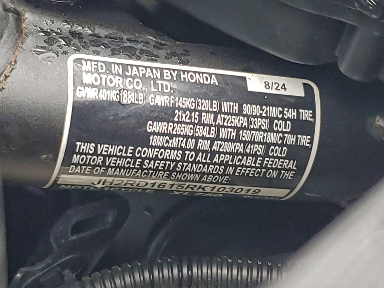 2024 Honda Xl750 VIN: JH2RD1615RK103019 Lot: 94099965