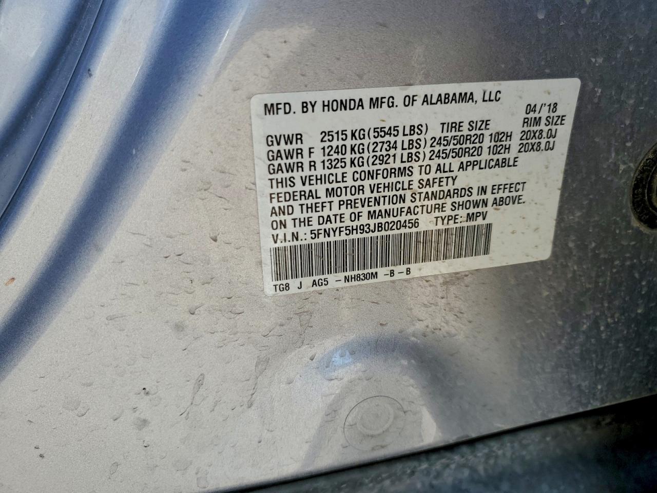 2018 Honda Pilot Touring VIN: 5FNYF5H93JB020456 Lot: 94380695