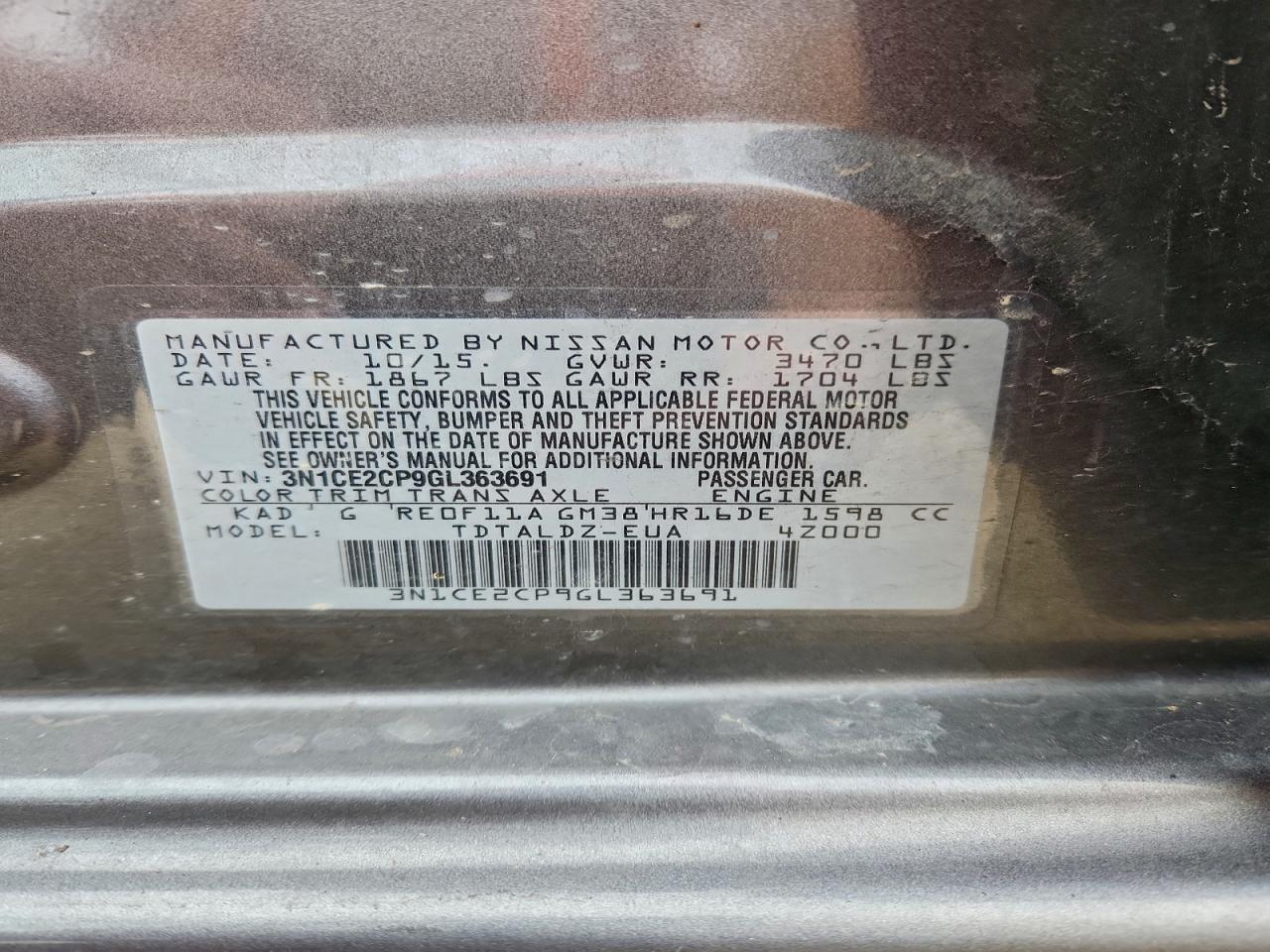 2016 Nissan Versa Note S VIN: 3N1CE2CP9GL363691 Lot: 94146235